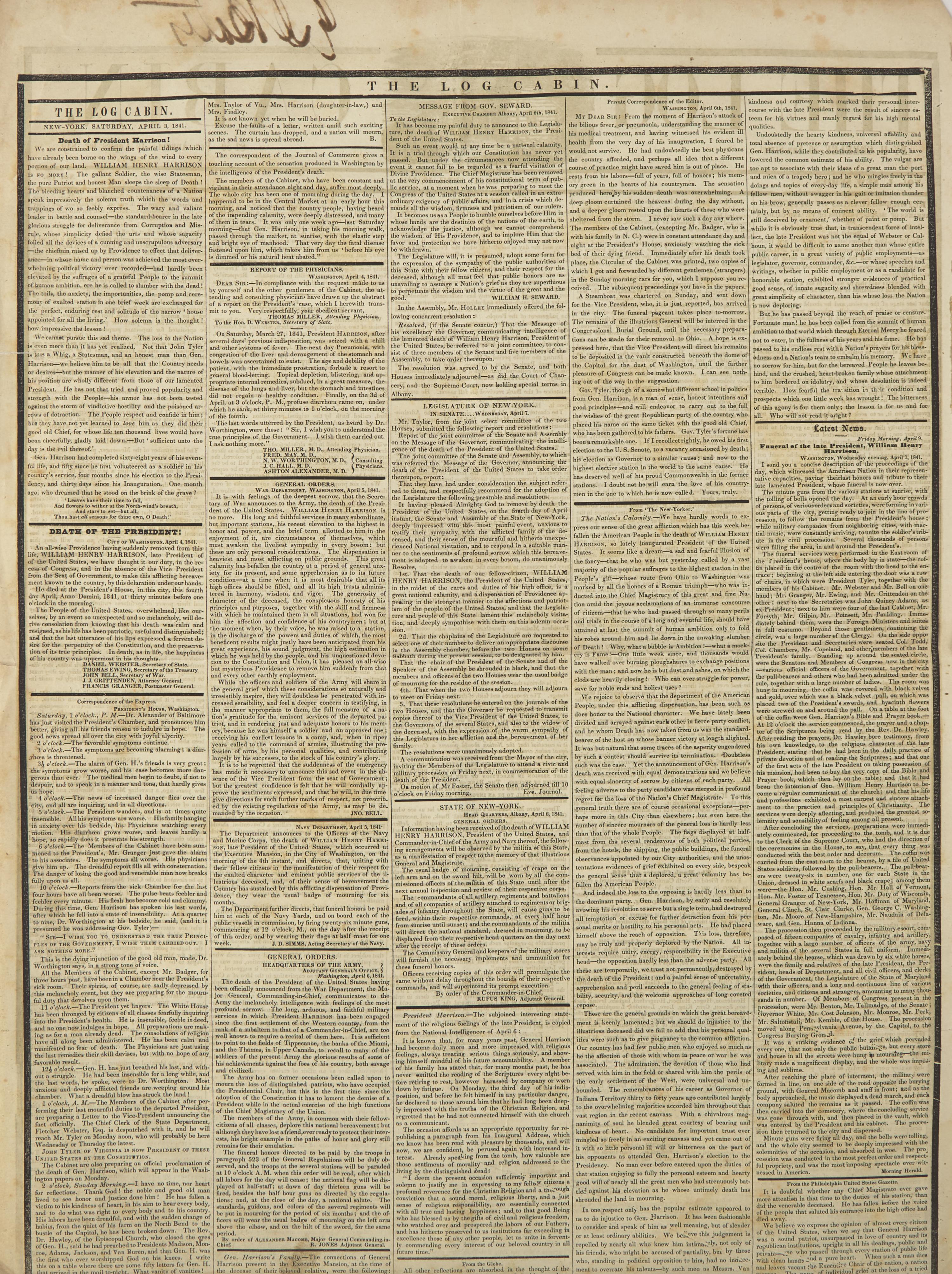 *[Harrison, William Henry] The Death of American President William Henry Harrison is Announced in his own Newspaper, "The Log Cabin"
