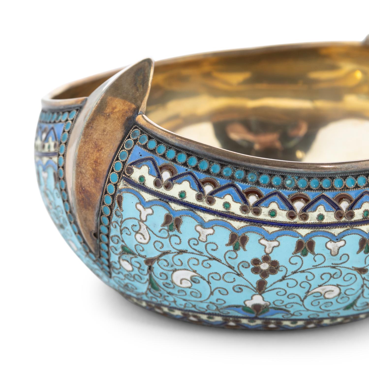 A Russian Silver and Enamel Kovsh