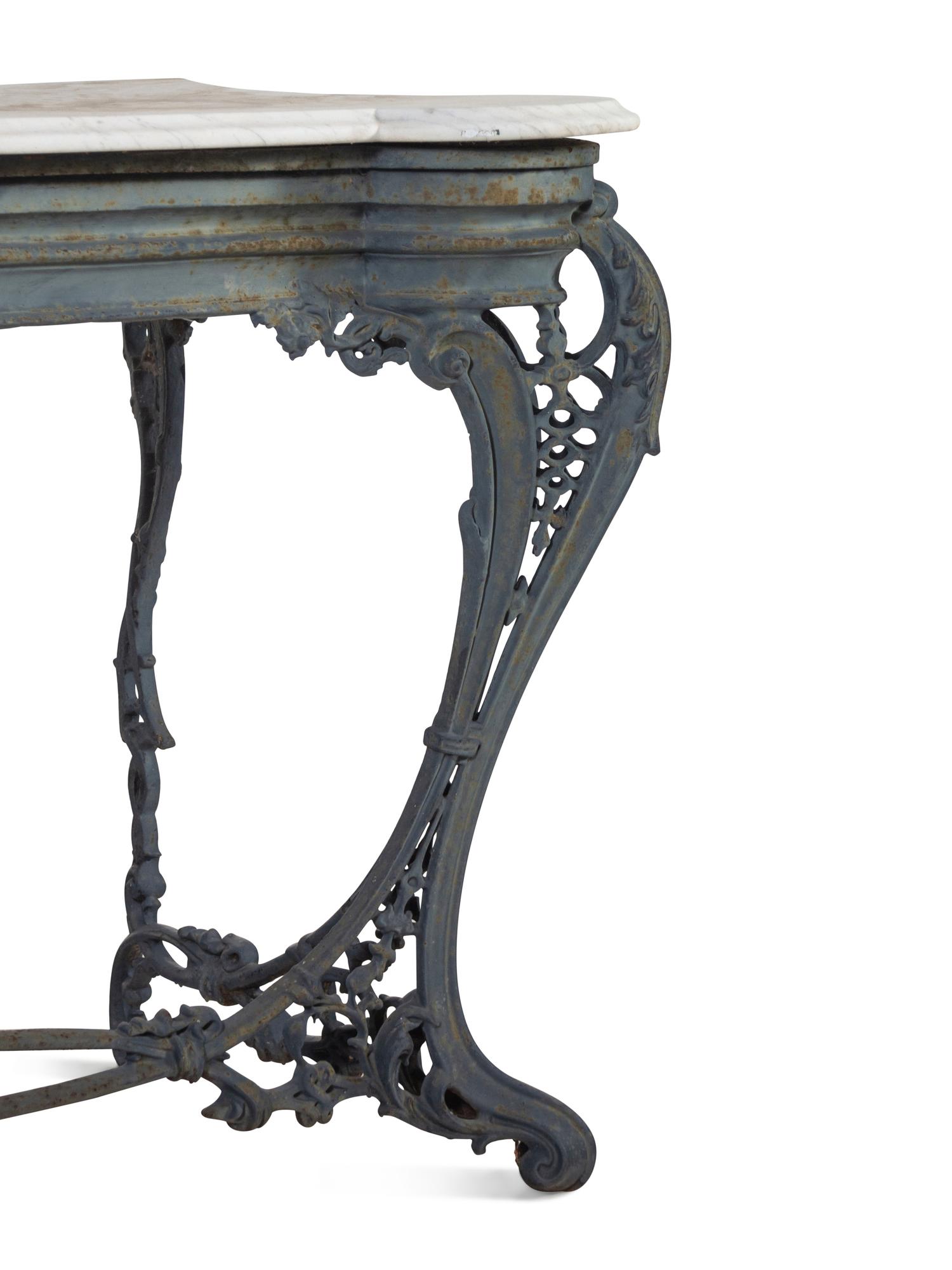 A Continental Patinated Cast Iron Marble-Top Console Table