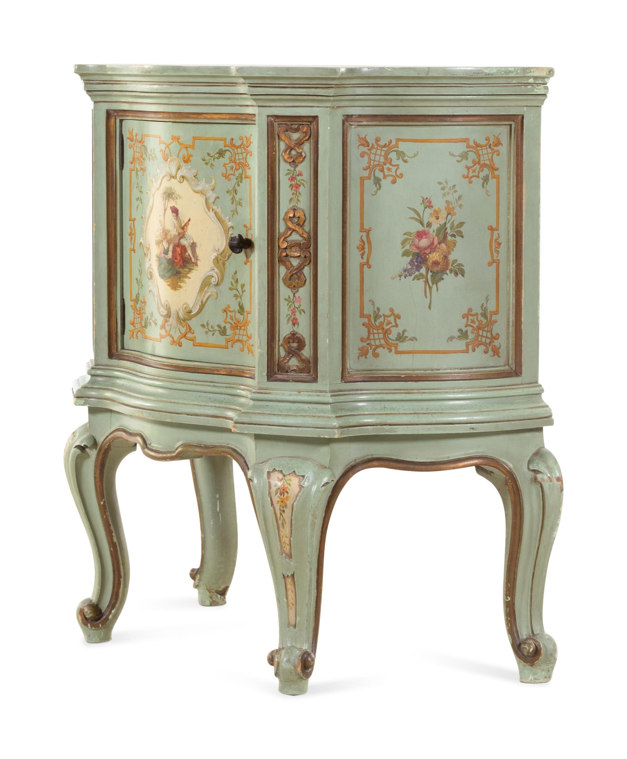 A Venetian Style Painted and Marble-Top Side Cabinet