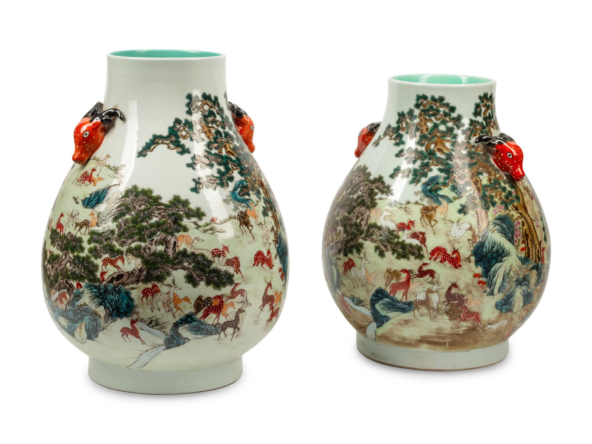 A Pair of Chinese Porcelain ‘Hundred Deer’ Vases