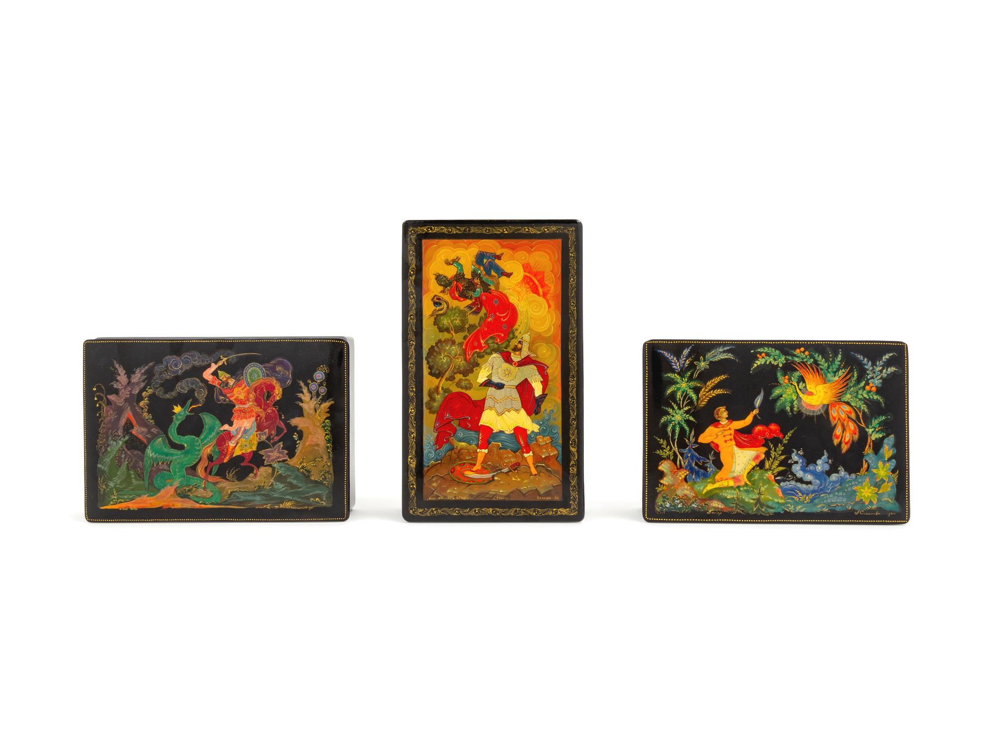 A Group of Three Russian Lacquered Boxes