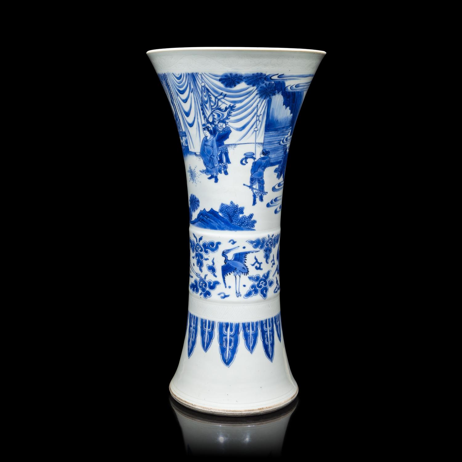 A Chinese Blue and White Porcelain 'Figure' Gu Vase, Transitional Period, 17th Century 明末清初 青花人物故事圖觚