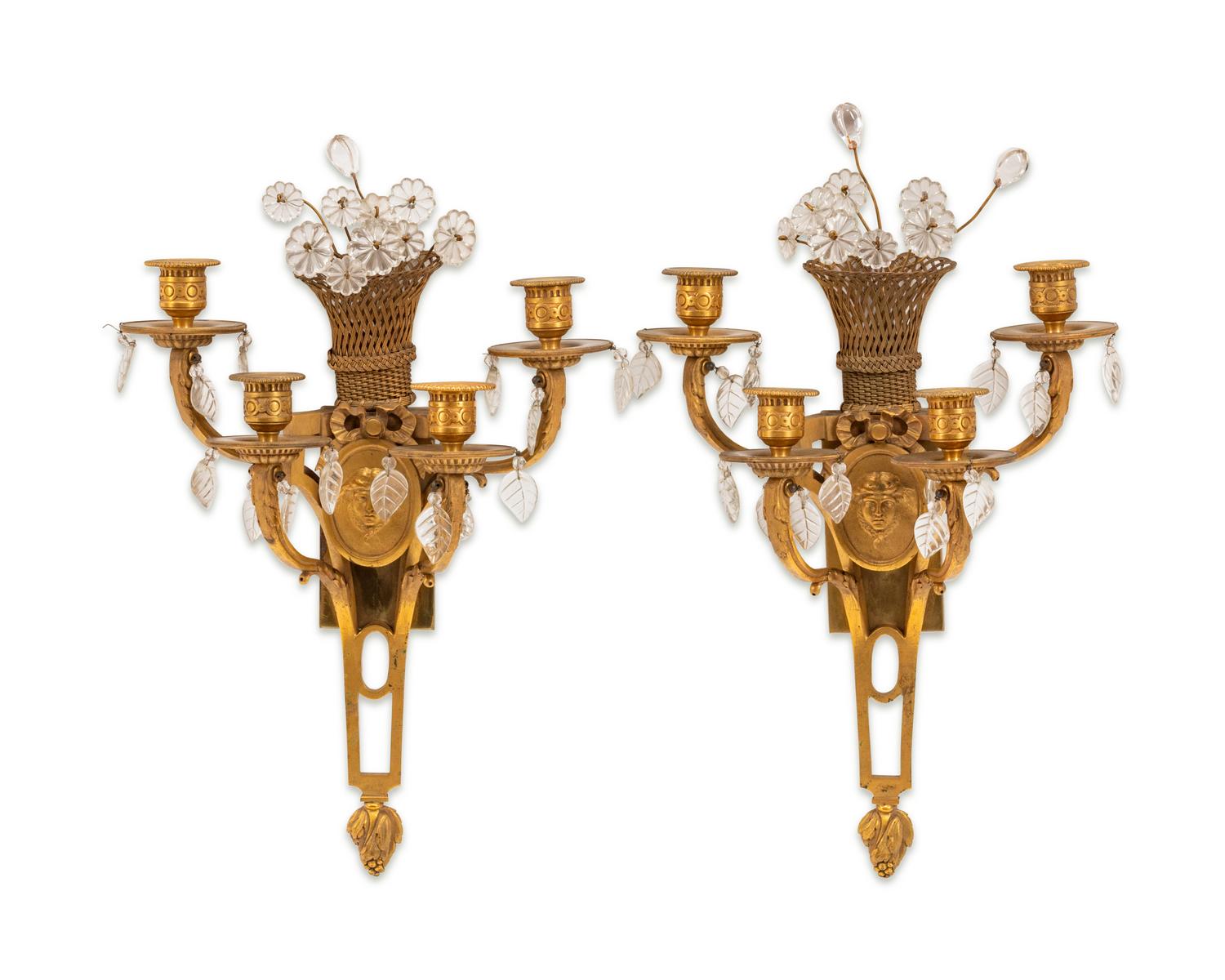 A Pair of Neoclassical Style Gilt-Bronze and Glass Four-Light Sconces