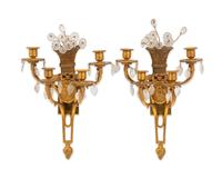 A Pair of Neoclassical Style Gilt-Bronze and Glass Four-Light Sconces