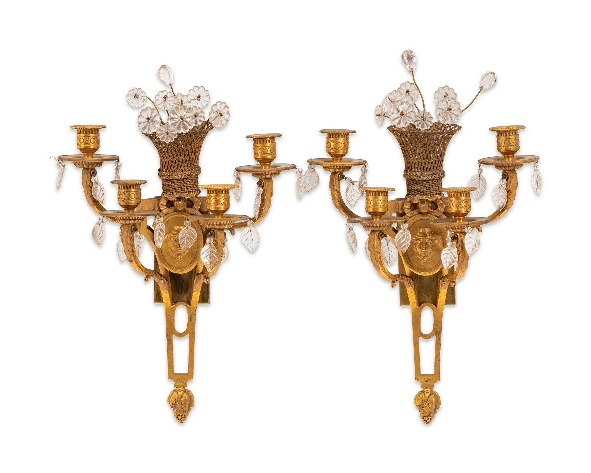 A Pair of Neoclassical Style Gilt-Bronze and Glass Four-Light Sconces