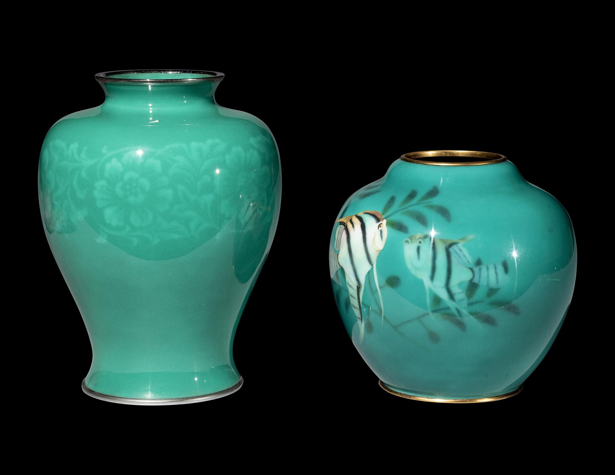 Two Japanese Green Ground Cloisonné Enamel Jars