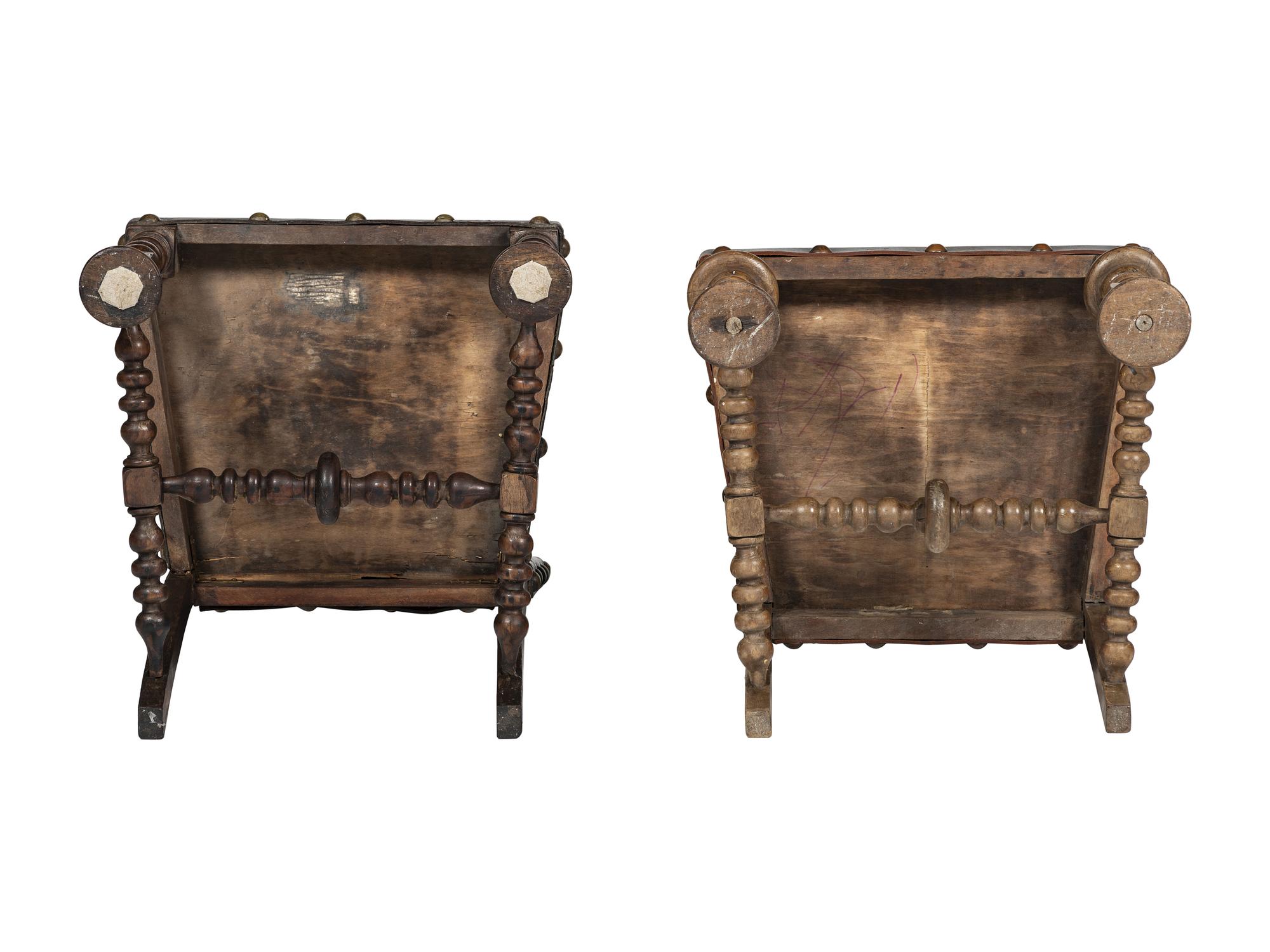 Six Mizner Carved Walnut and Embossed Leather Back Side Chairs