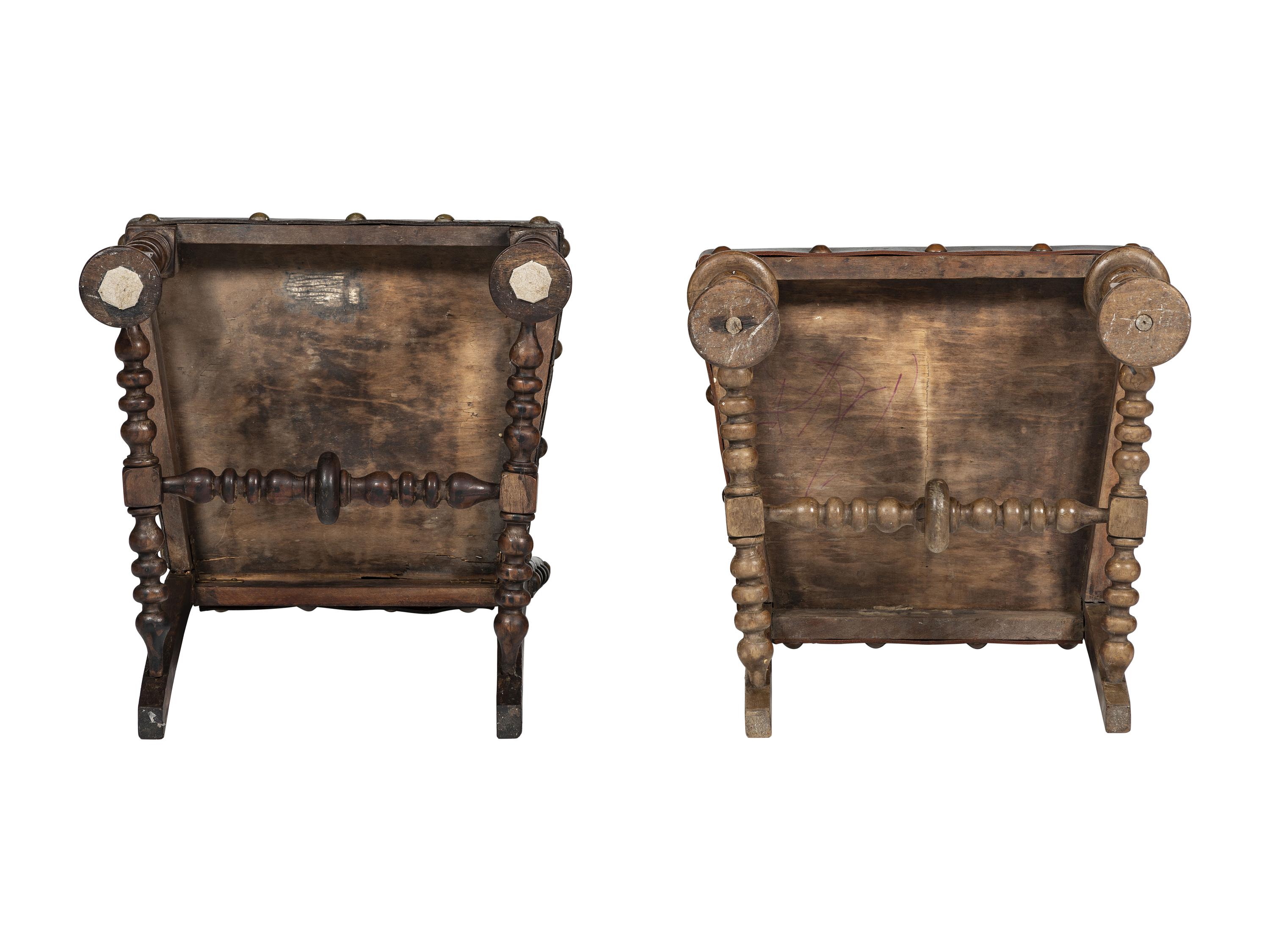 Six Mizner Carved Walnut and Embossed Leather Back Side Chairs