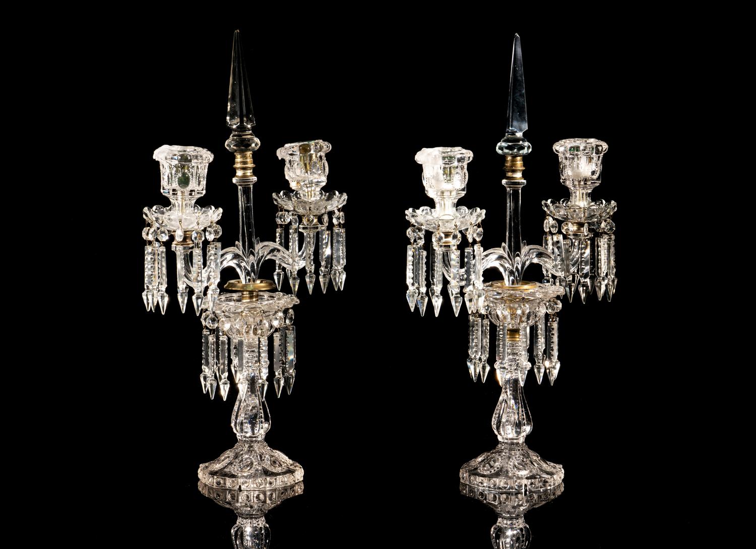 A Pair of Molded Glass Three-Light Candelabra Attributed to Baccarat