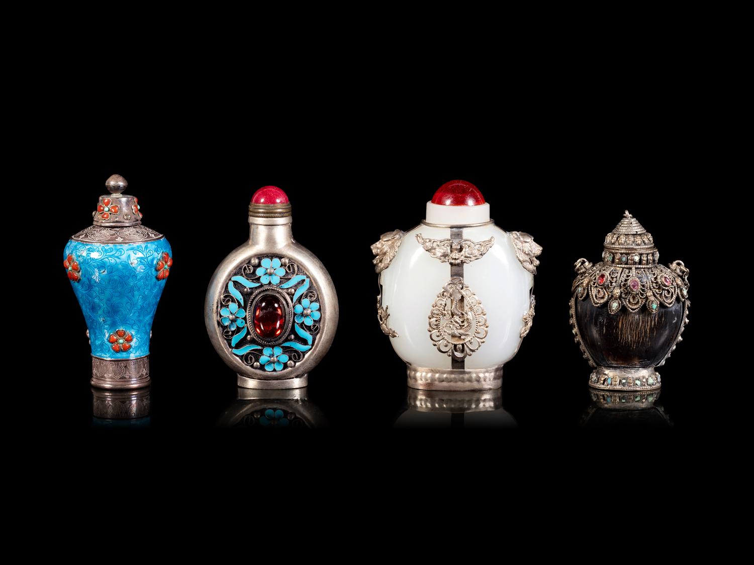 Four Tibetan Silver Mounted Snuff Bottles
