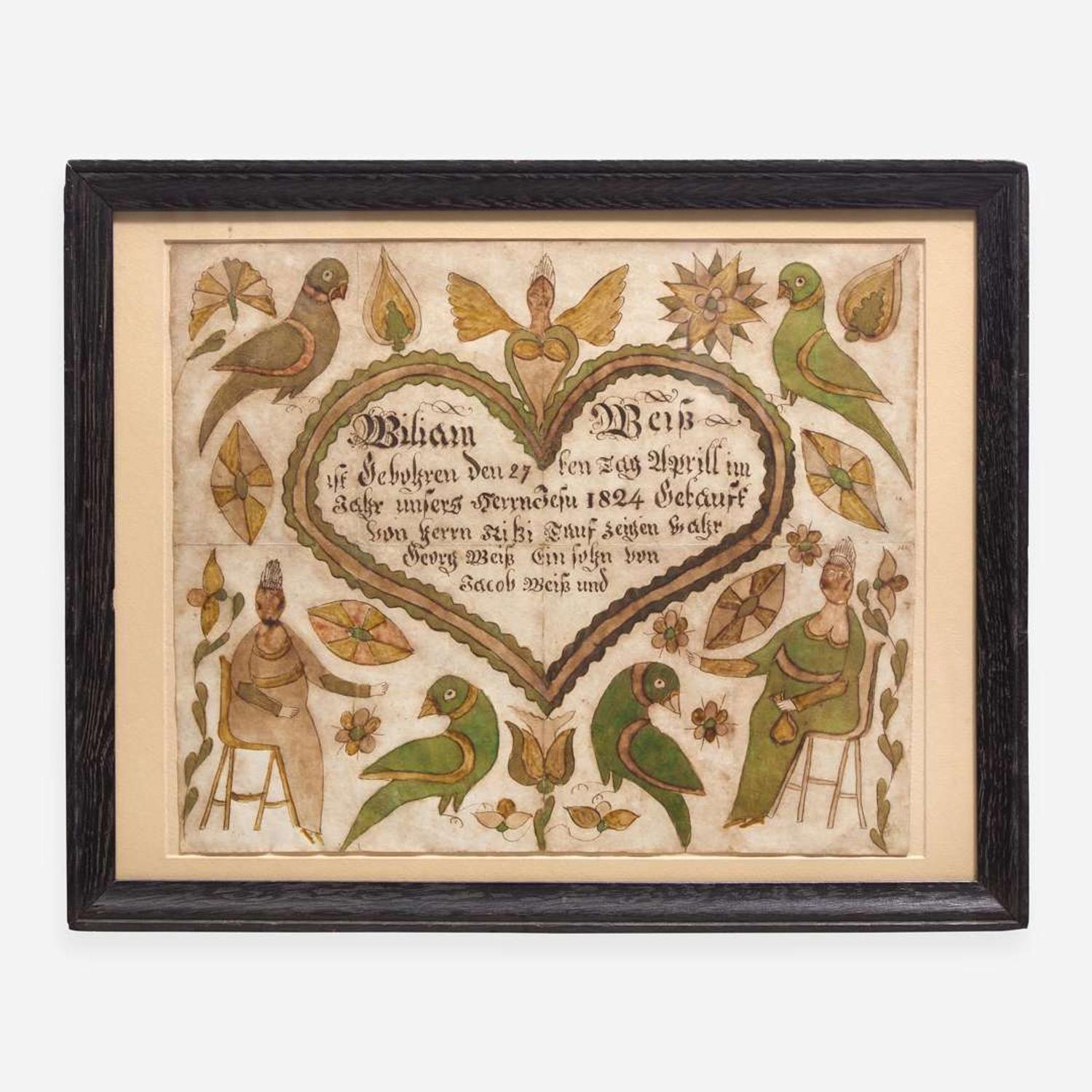 A Fraktur birth record for William Weiss Lancaster, PA, circa 1825