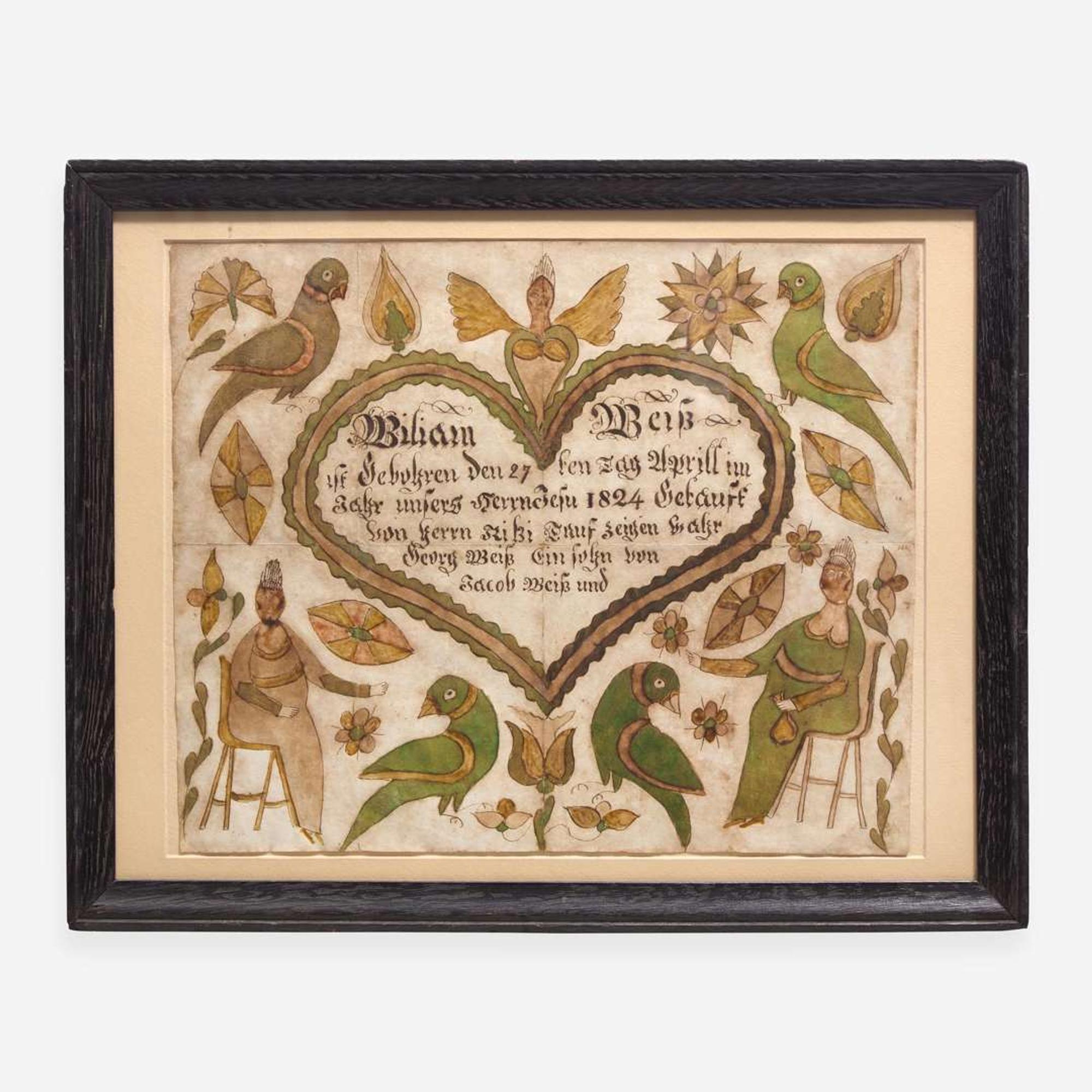 A Fraktur birth record for William Weiss Lancaster, PA, circa 1825