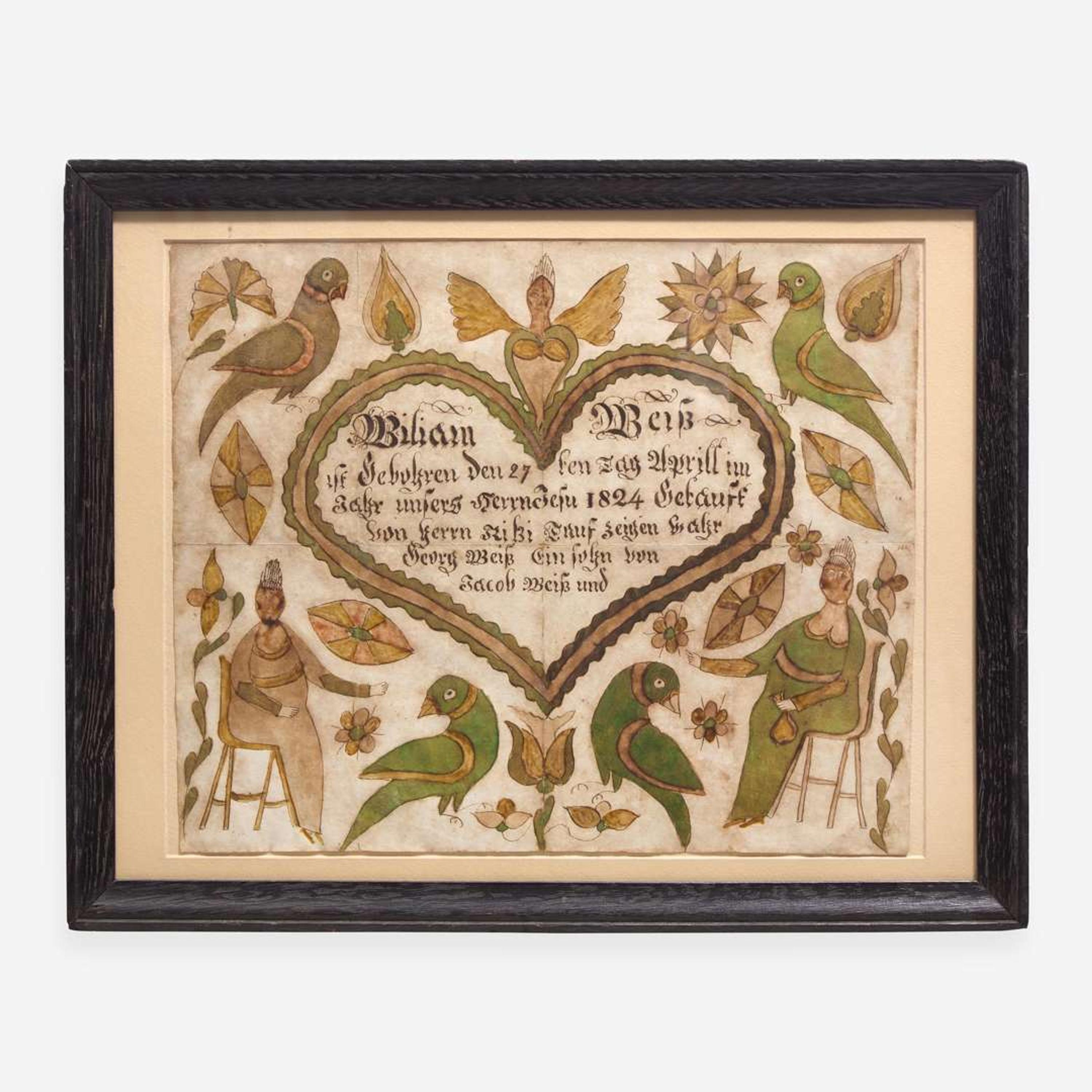 A Fraktur birth record for William Weiss Lancaster, PA, circa 1825