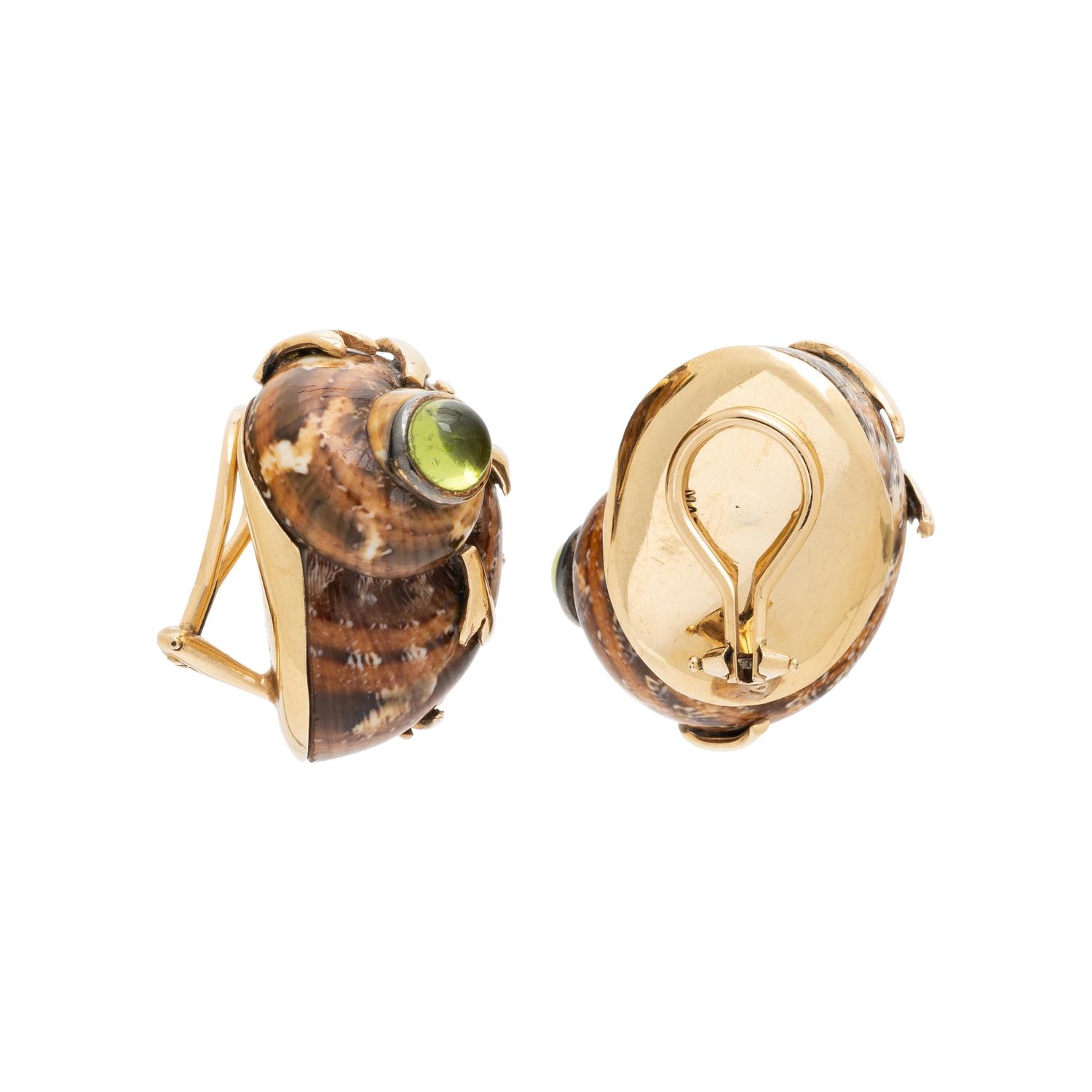 MAZ, SHELL, PERIDOT, AND YELLOW GOLD EARRINGS