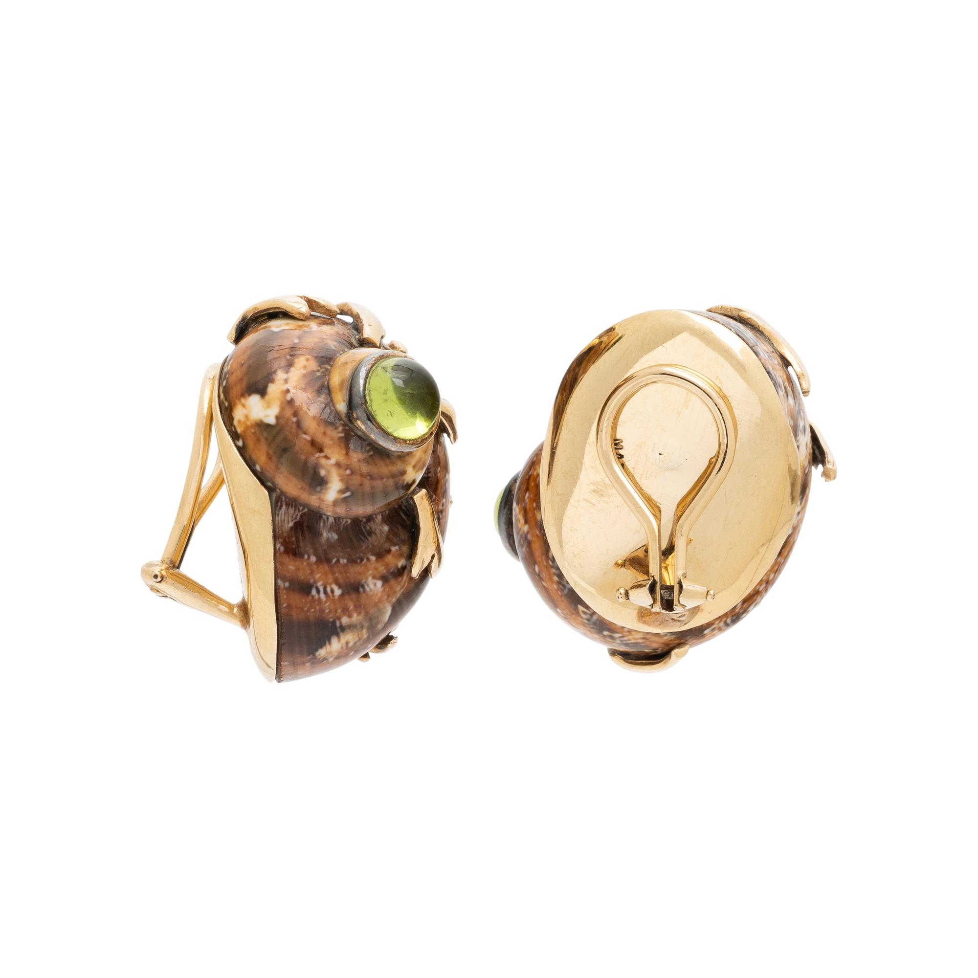 MAZ, SHELL, PERIDOT, AND YELLOW GOLD EARRINGS