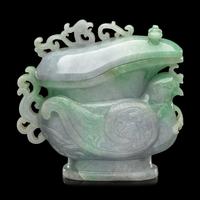 A Chinese Apple Green and Lavender Jadeite 'Phoenix' Covered Gong Vessel, Late 19th-20th Century 晚清-民國 翡翠鳳紋觥