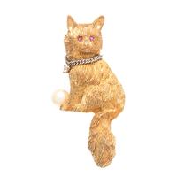 YELLOW GOLD, CULTURED PEARL AND DIAMOND CAT BROOCH