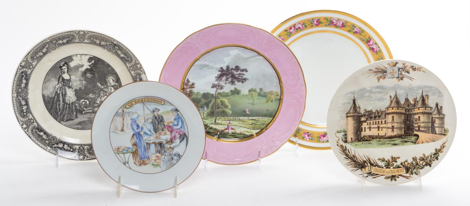A Group of Five French Porcelain Plates Diameter of first 10 3/8 inches.