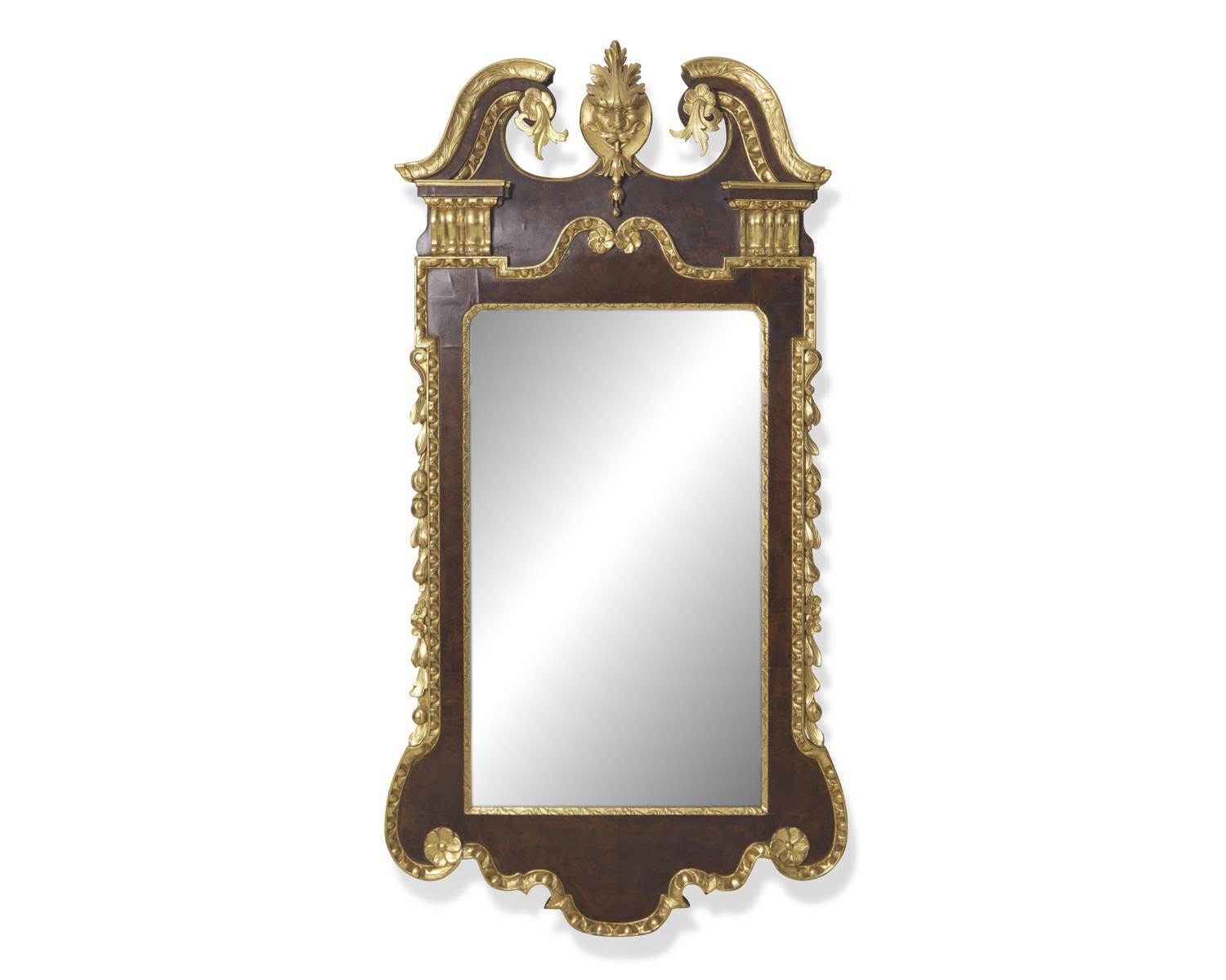 A George I Parcel-Gilt Burl Walnut Veneered Looking Glass