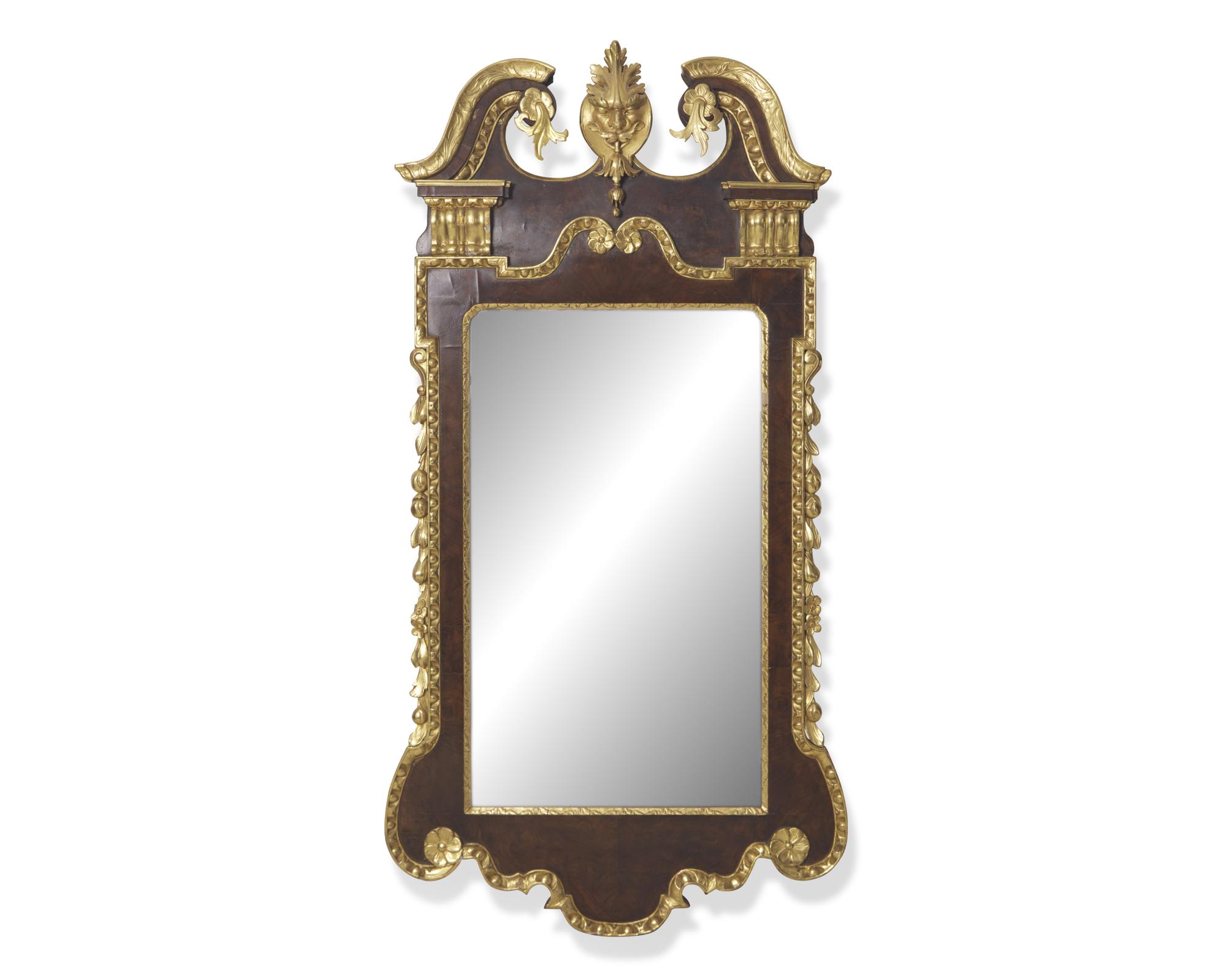 A George I Parcel-Gilt Burl Walnut Veneered Looking Glass