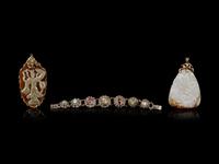 Three Chinese Jadeite and Hardstone Inset Jewelry