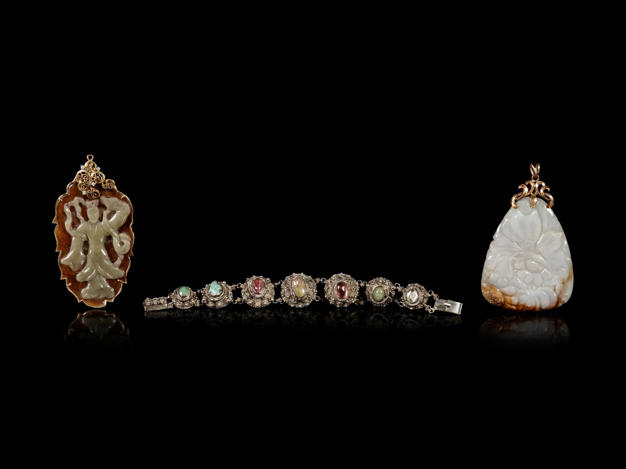 Three Chinese Jadeite and Hardstone Inset Jewelry