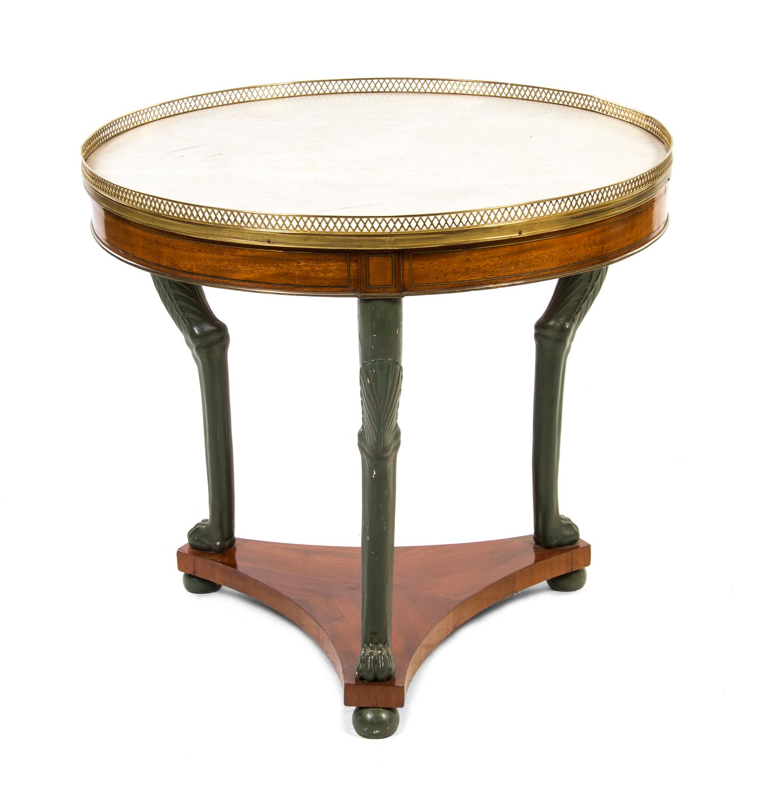 An Empire Partial Painted and Brass Mounted Mahogany Gueridon, Height 29 x diameter 32 inches.