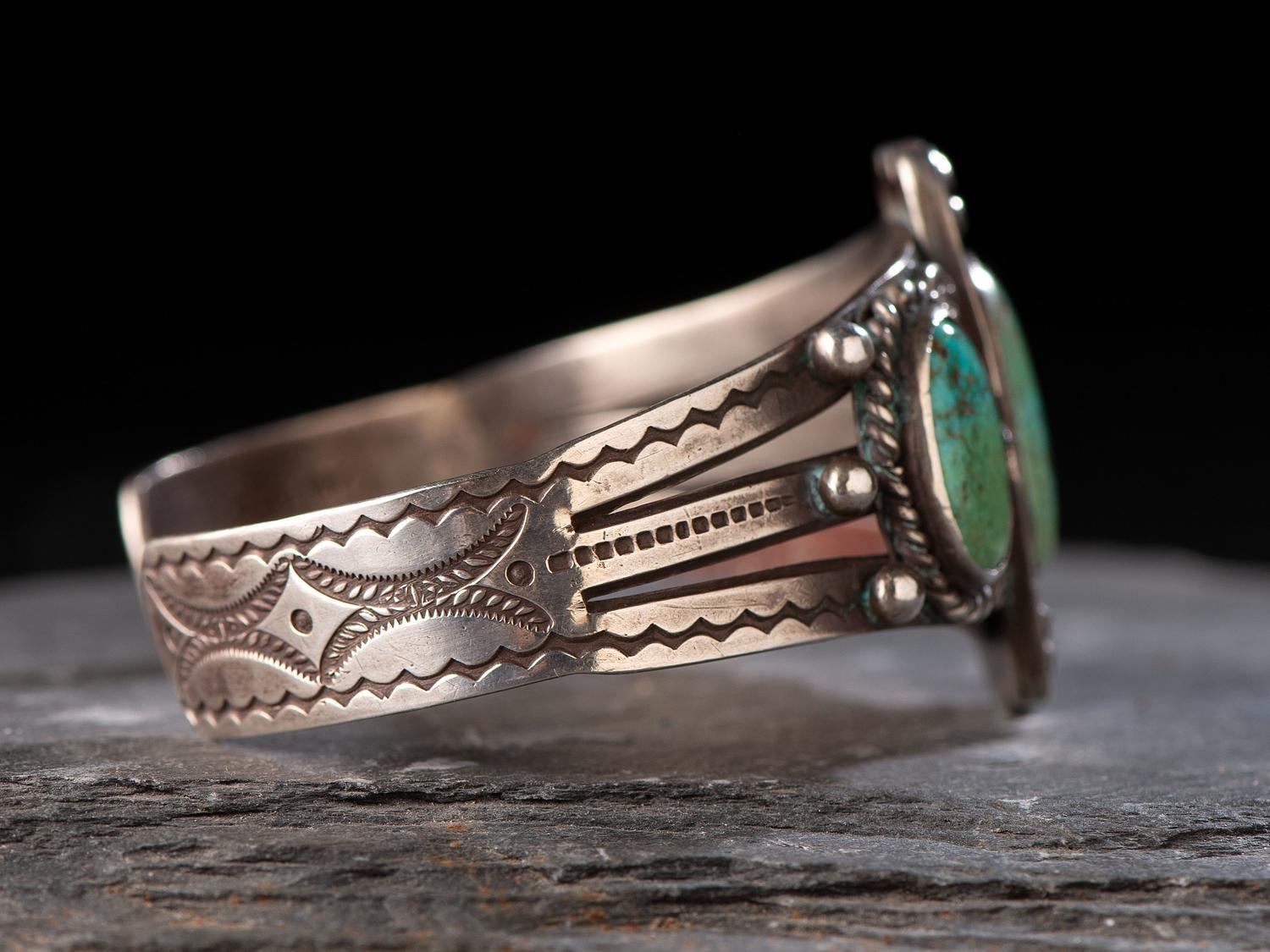 Stamped Silver Split Shank Cuff Bracelet. with Turquoise Cabochons