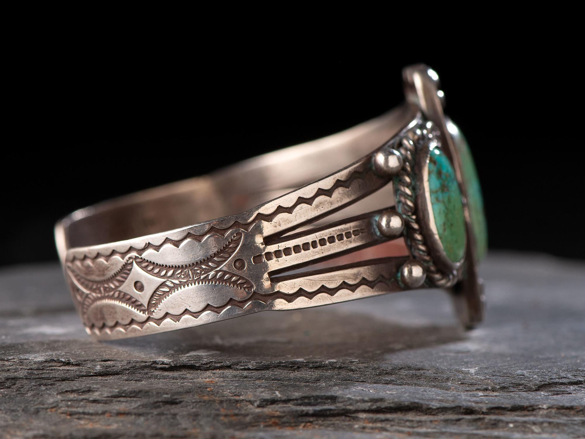 Stamped Silver Split Shank Cuff Bracelet. with Turquoise Cabochons