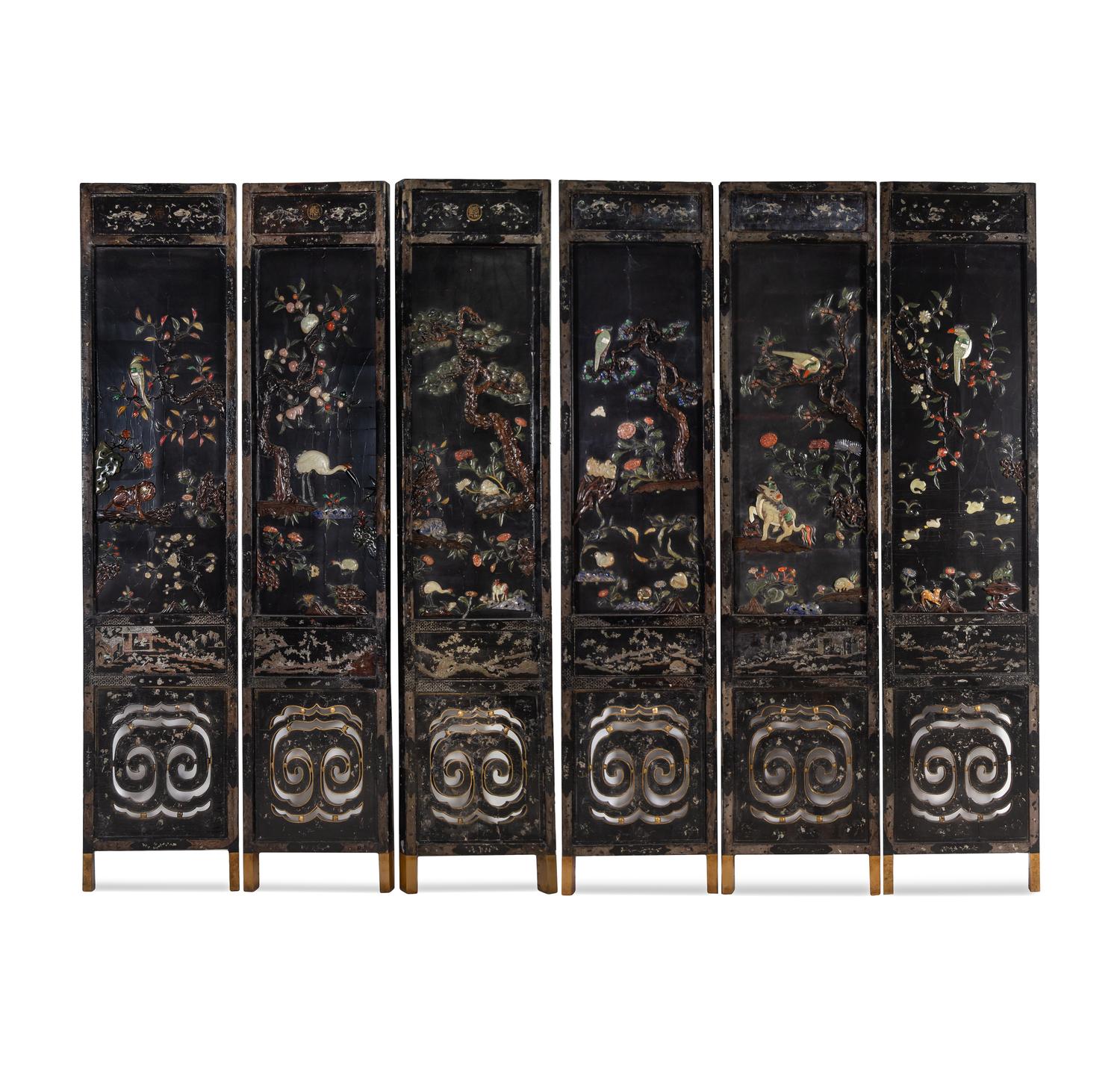 An Embellished and Gilt Decorated Black Lacquered Six-Panel Floor Screen