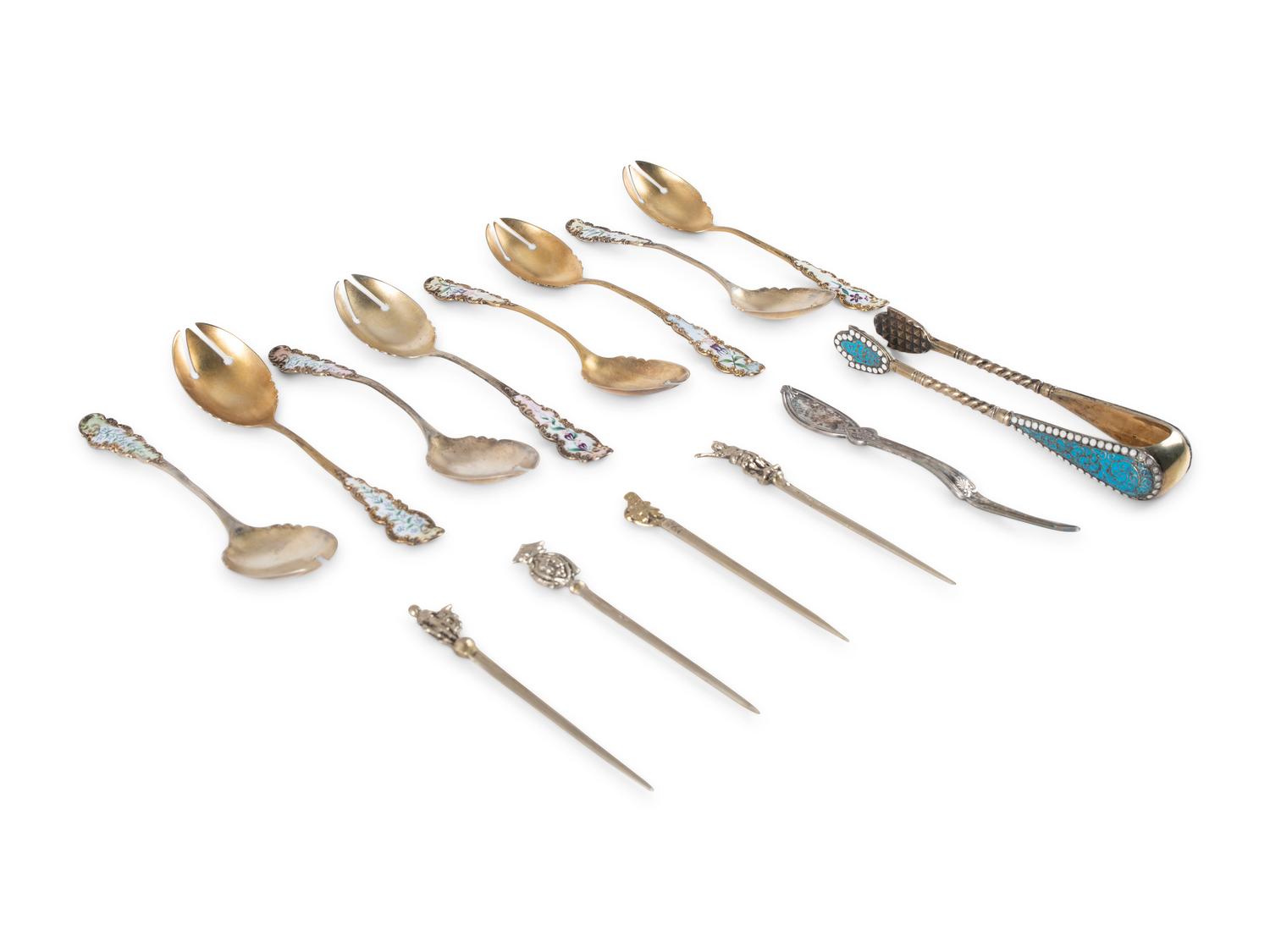 A Group of Coin Silver and Enameled Flatware