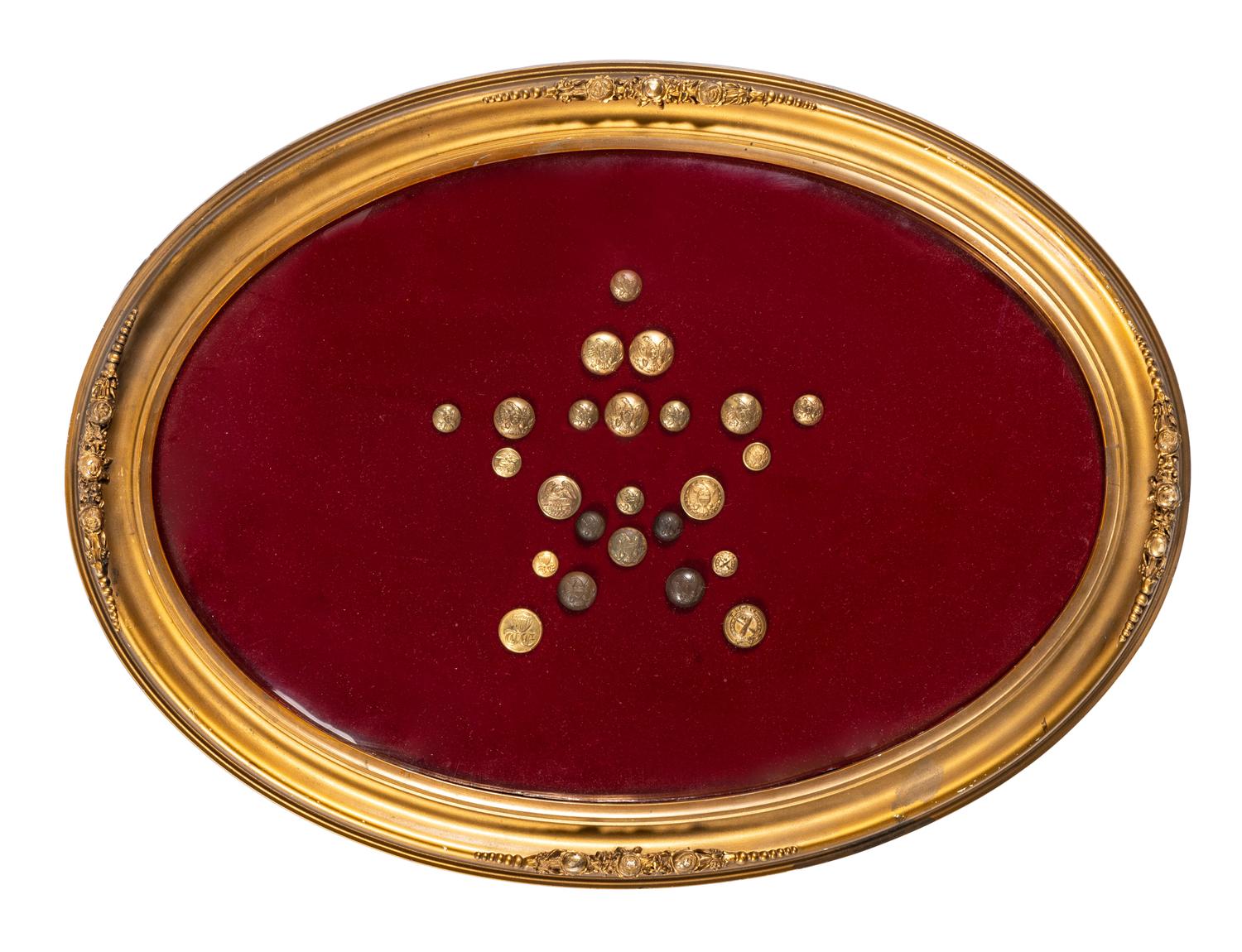 A collection of 24 Civil War buttons representing every branch of the Union Army displayed in decorative frame.