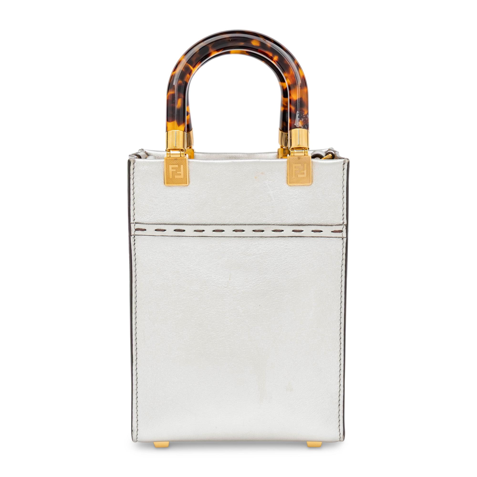 Fendi, Metallic Silver Mini Sunshine Shopper Tote