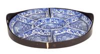 An English Blue and White Transfer-Printed Porcelain Condiment Set With Tray