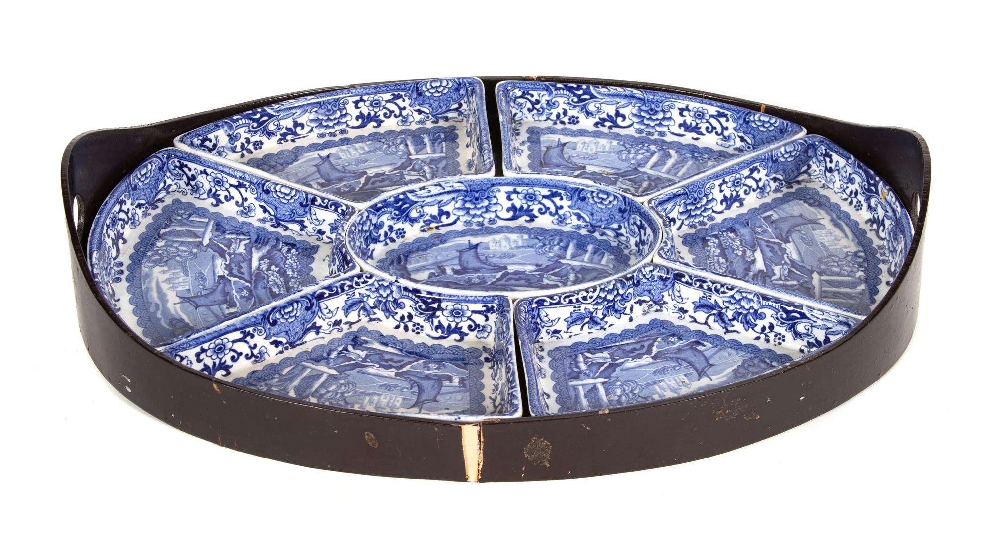 An English Blue and White Transfer-Printed Porcelain Condiment Set With Tray