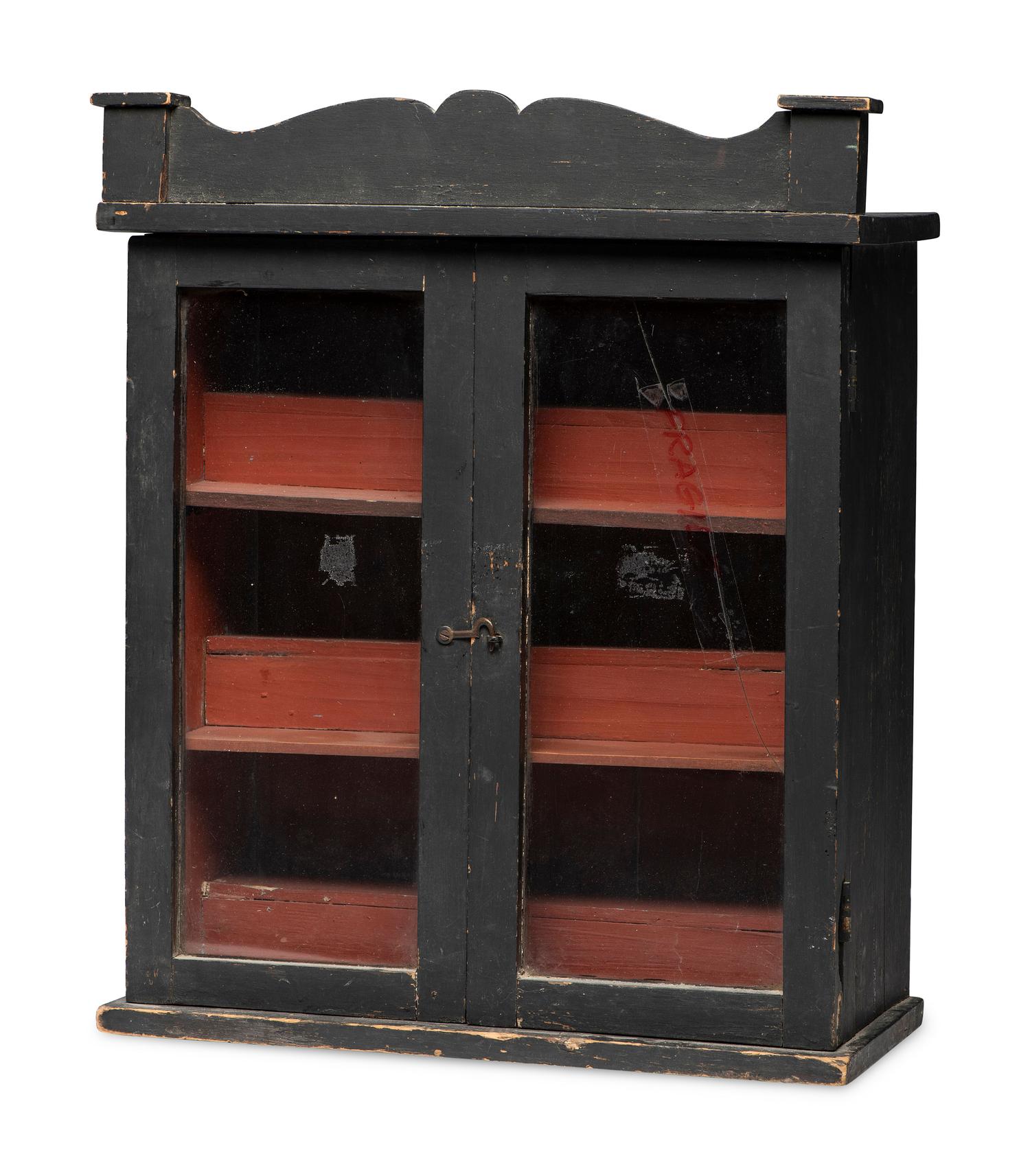 A Country Black and Red-Painted Pine Hanging Cabinet