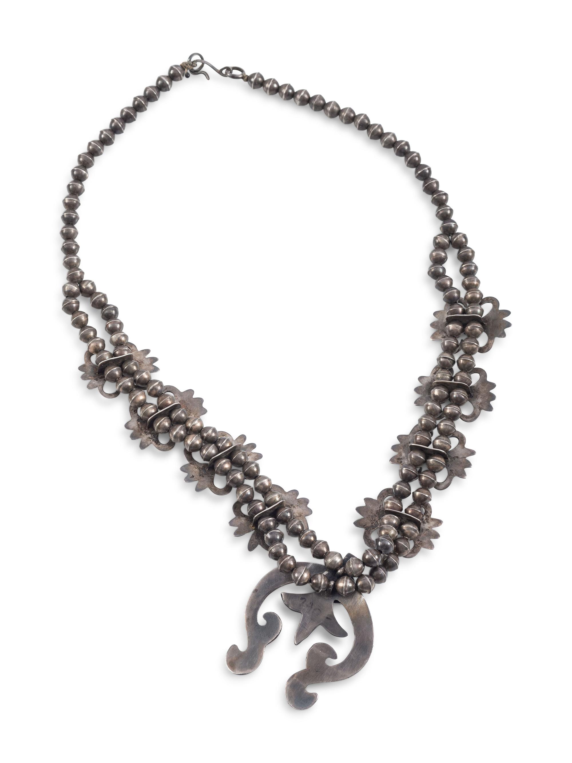 Navajo Sandcast Silver and Turquoise Squash Blossom Necklace