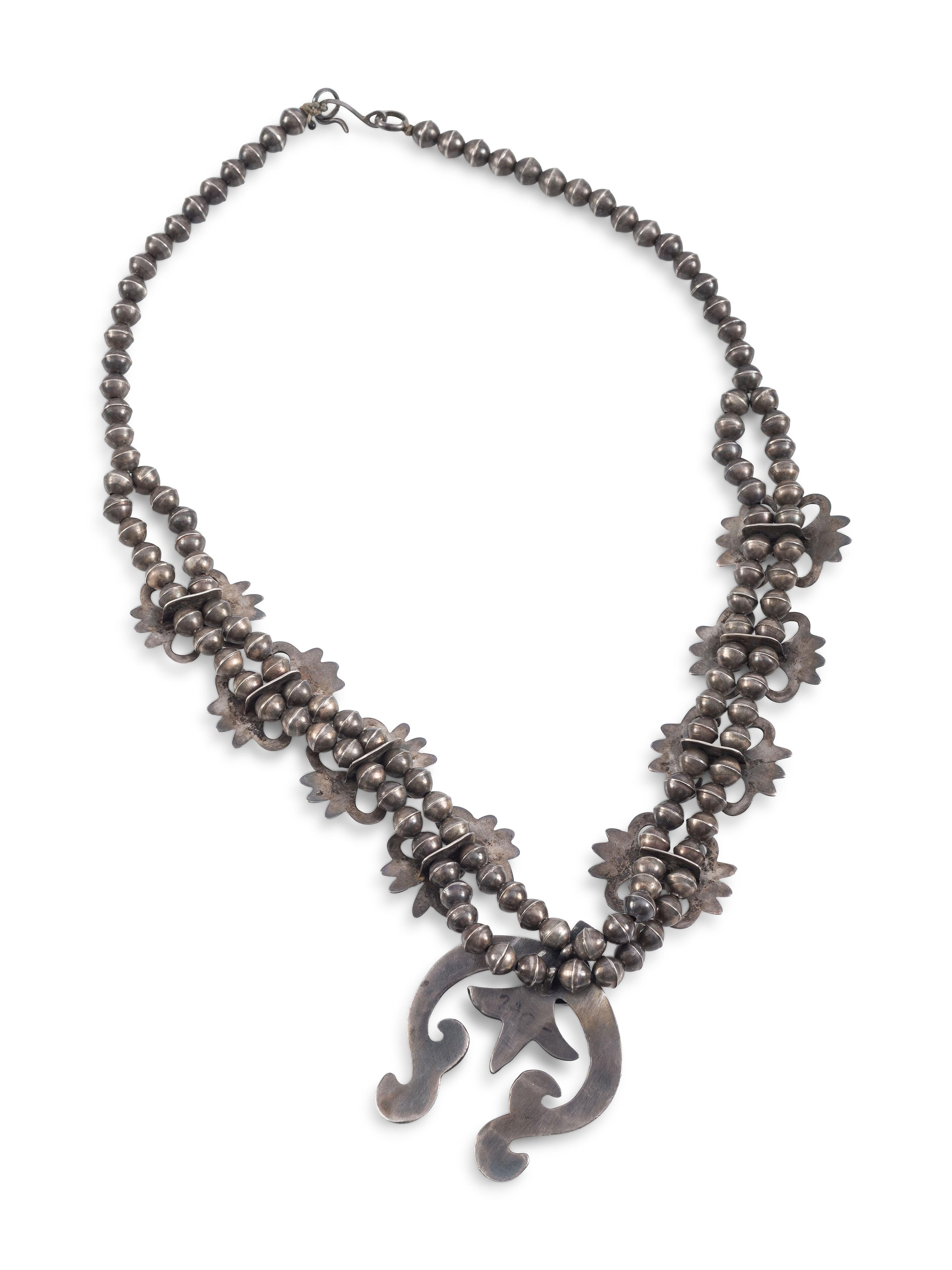 Navajo Sandcast Silver and Turquoise Squash Blossom Necklace