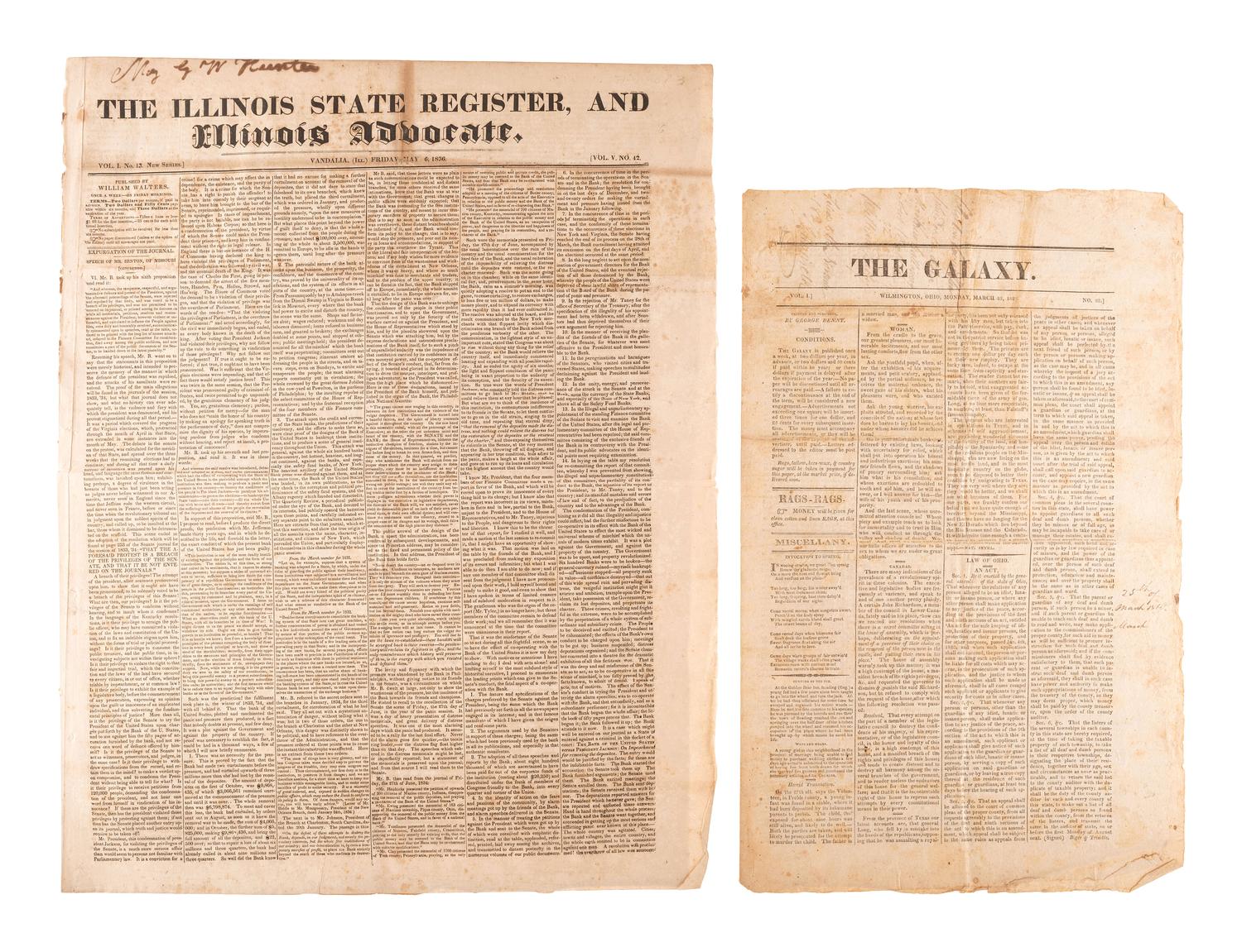 [NEWSPAPERS] -- [ILLINOIS & OHIO]. A group of 7 newspapers reporting on land dealings, politics, notices for runaways, and other matters of the 1820s-1830s, including: