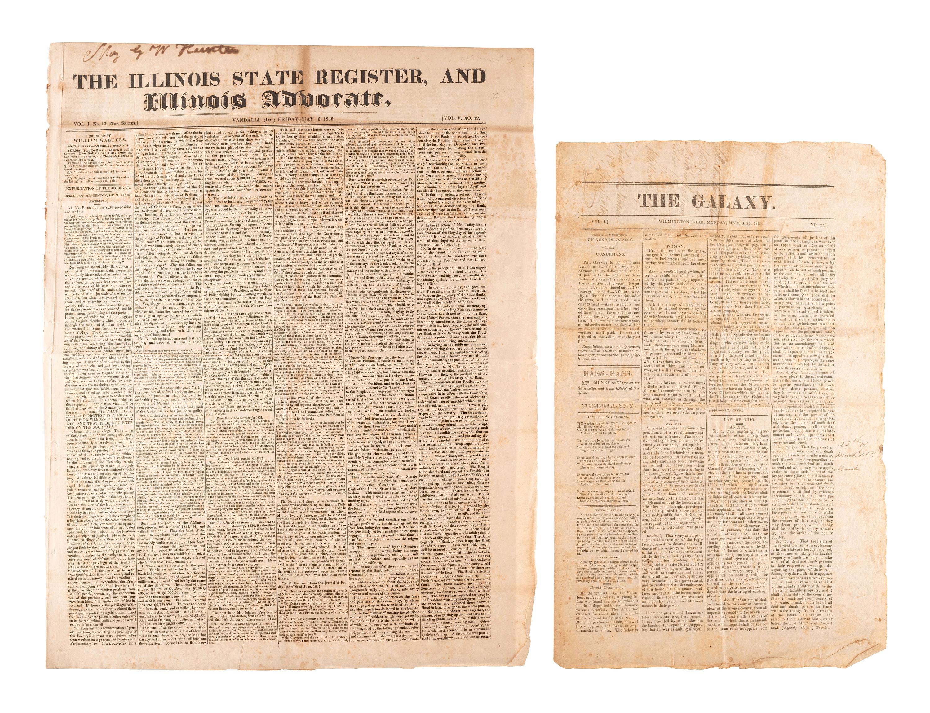 [NEWSPAPERS] -- [ILLINOIS & OHIO]. A group of 7 newspapers reporting on land dealings, politics, notices for runaways, and other matters of the 1820s-1830s, including:
