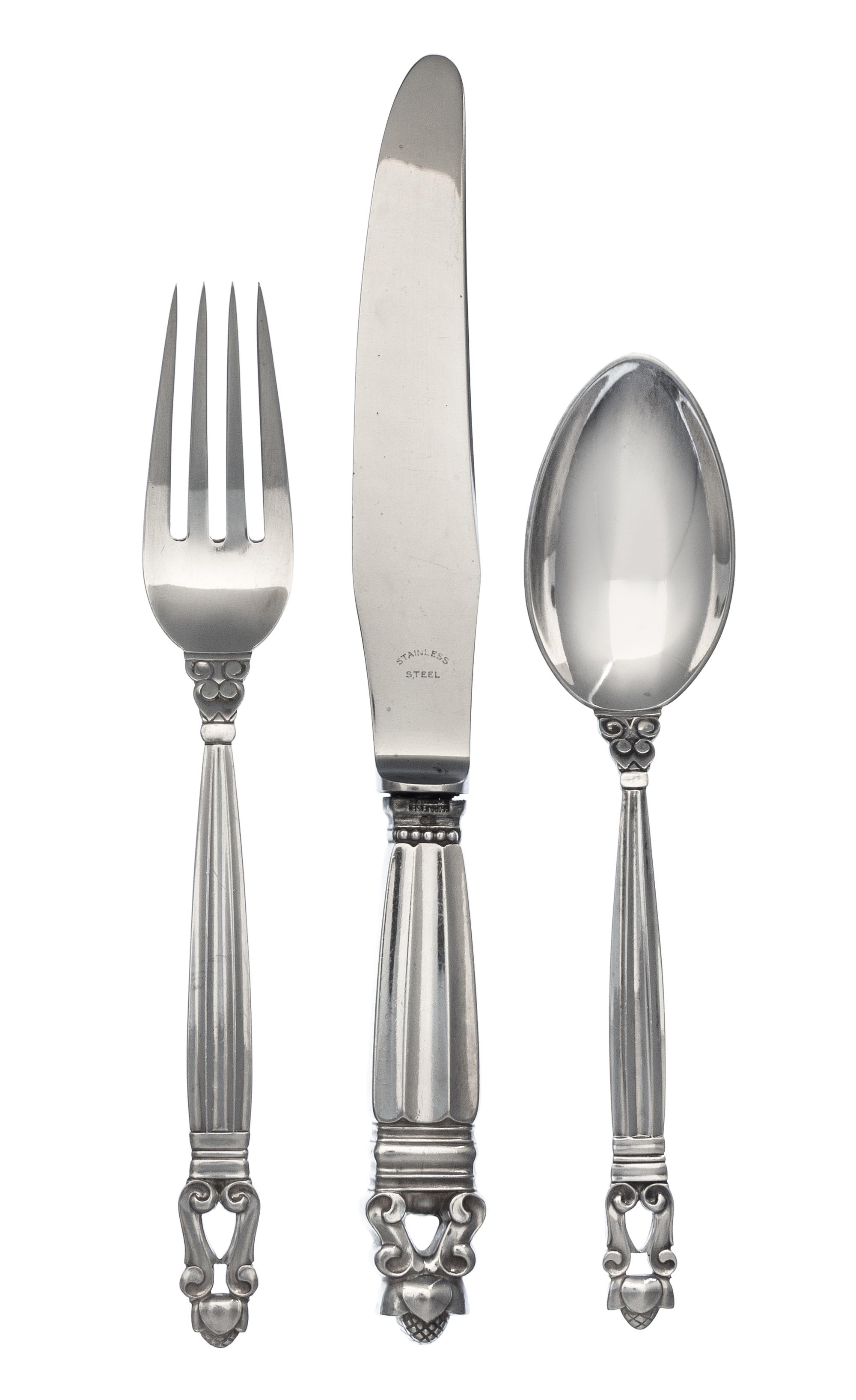 A Danish Silver Flatware Service, Georg Jensen Silversmithy, Copenhagen, Second Half 20th Century, Acorn pattern, comprising: 11 dinner
