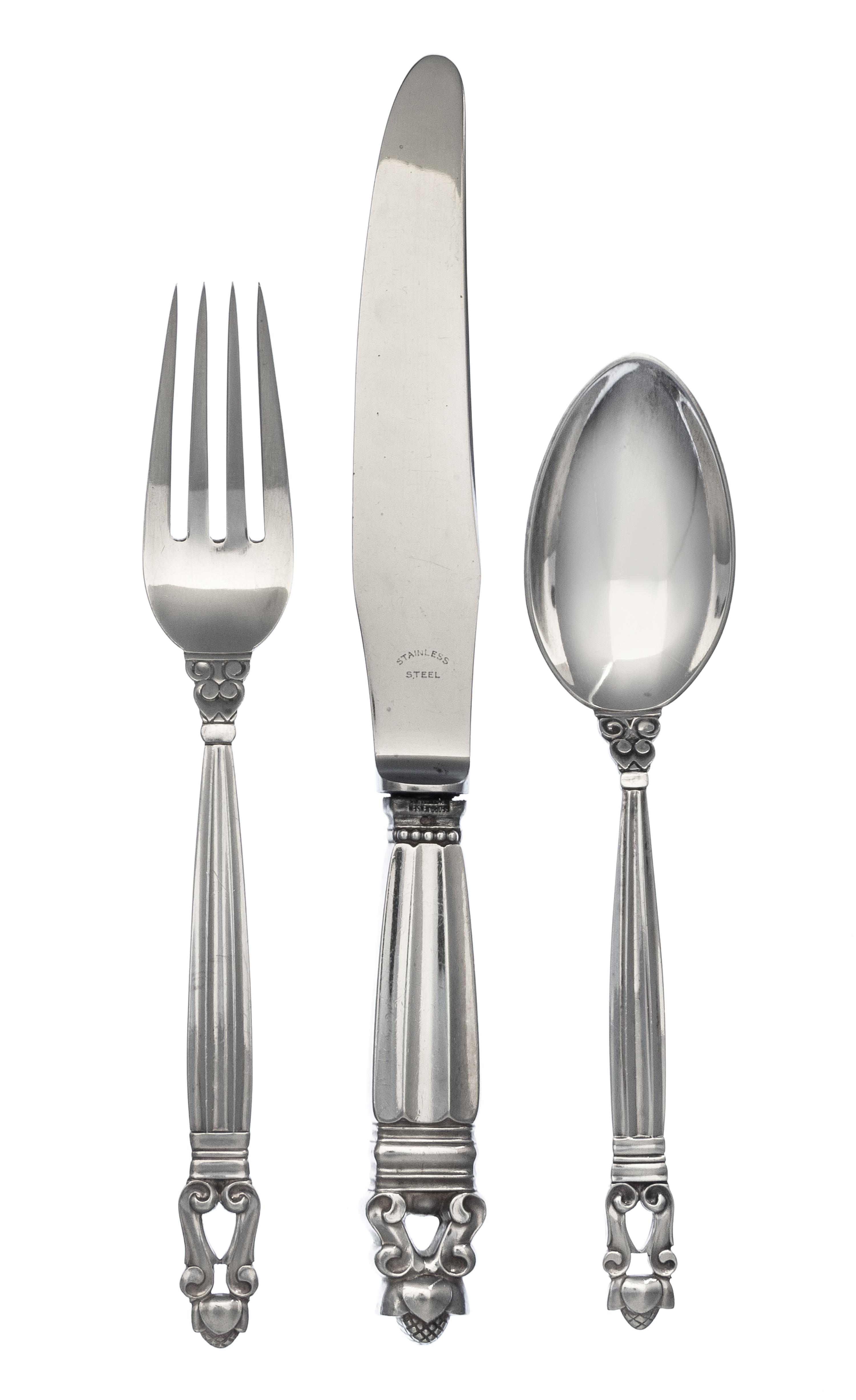 A Danish Silver Flatware Service, Georg Jensen Silversmithy, Copenhagen, Second Half 20th Century, Acorn pattern, comprising: 11 dinner