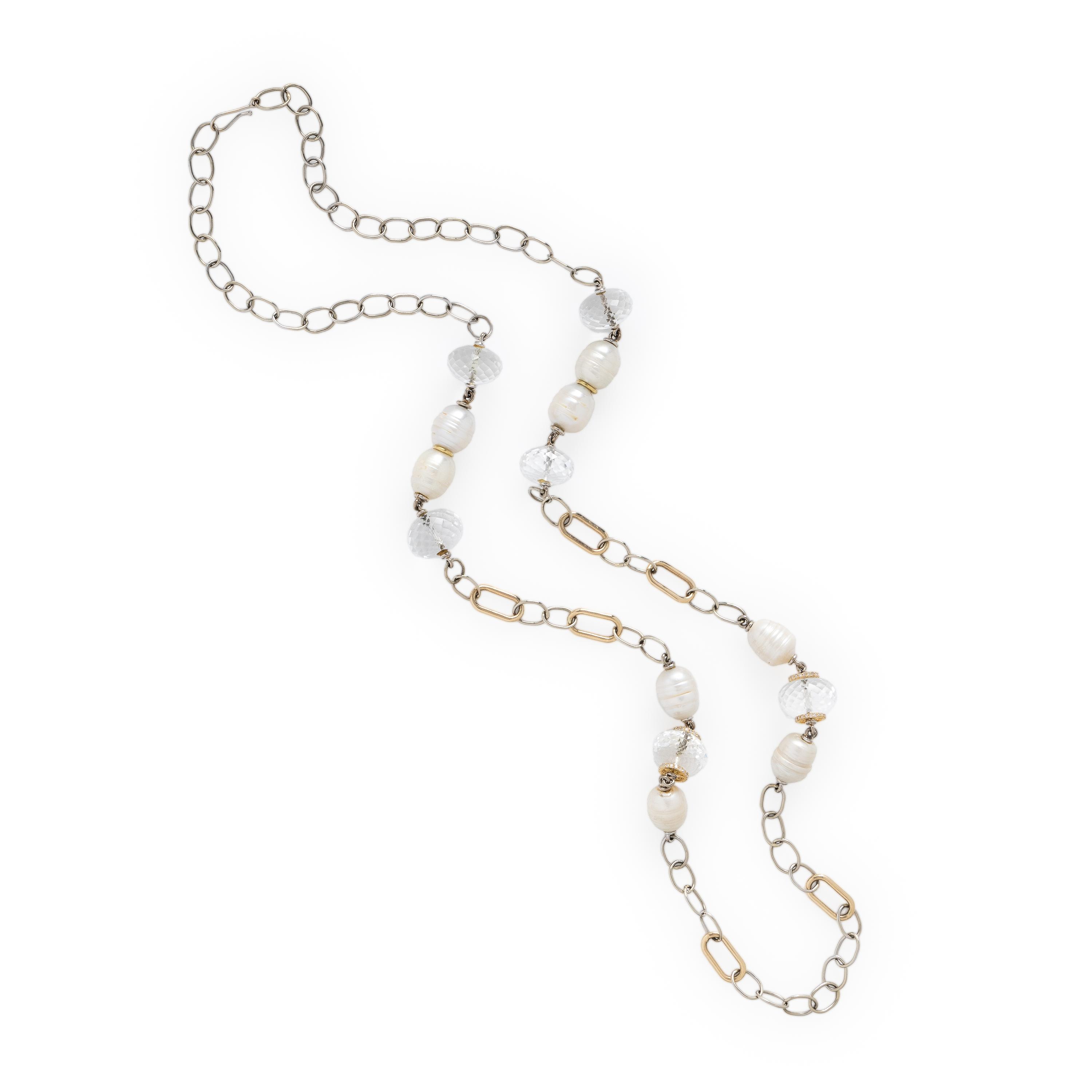 Sazingg, Baroque Cultured Pearl, Rock Crystal Quartz, and Bicolor Gold Chain Necklace