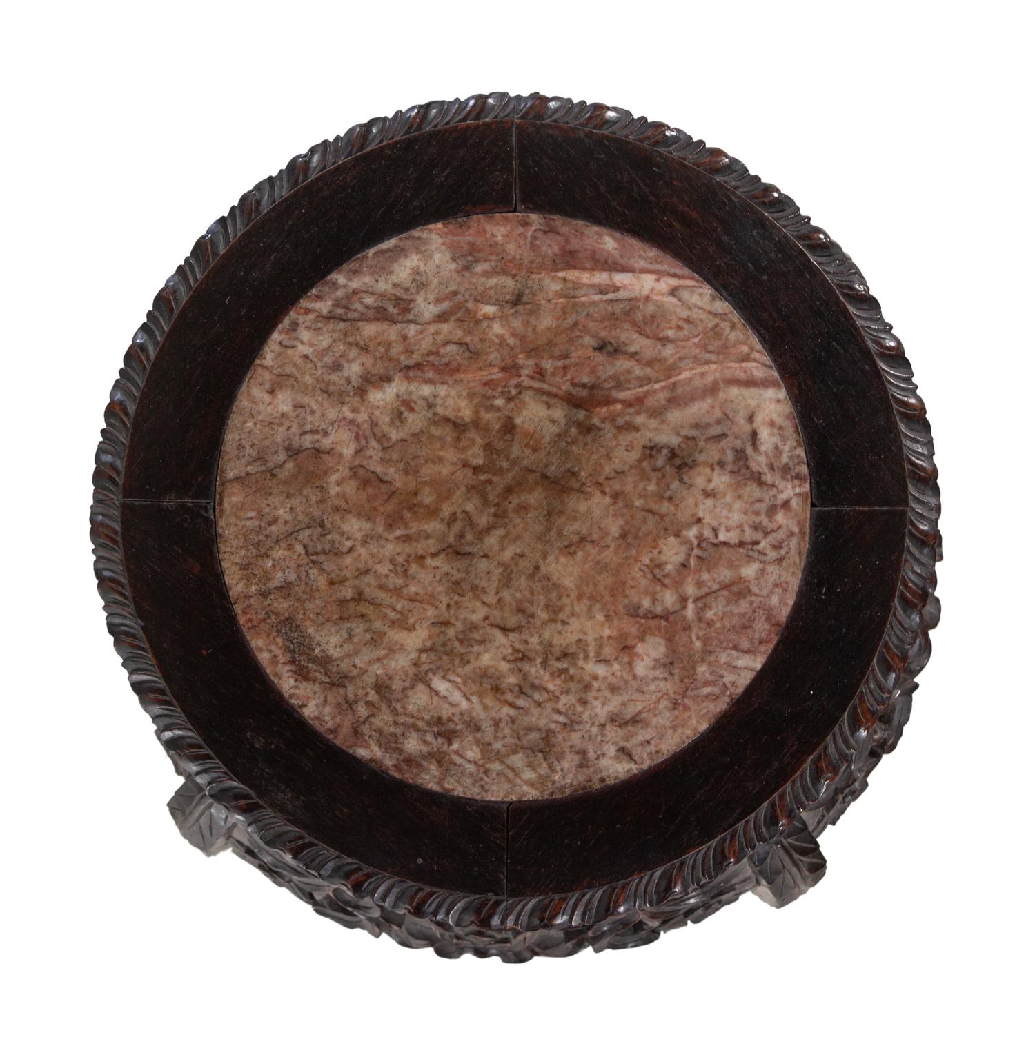 A Chinese Marble-Inset Carved Hardwood Stand