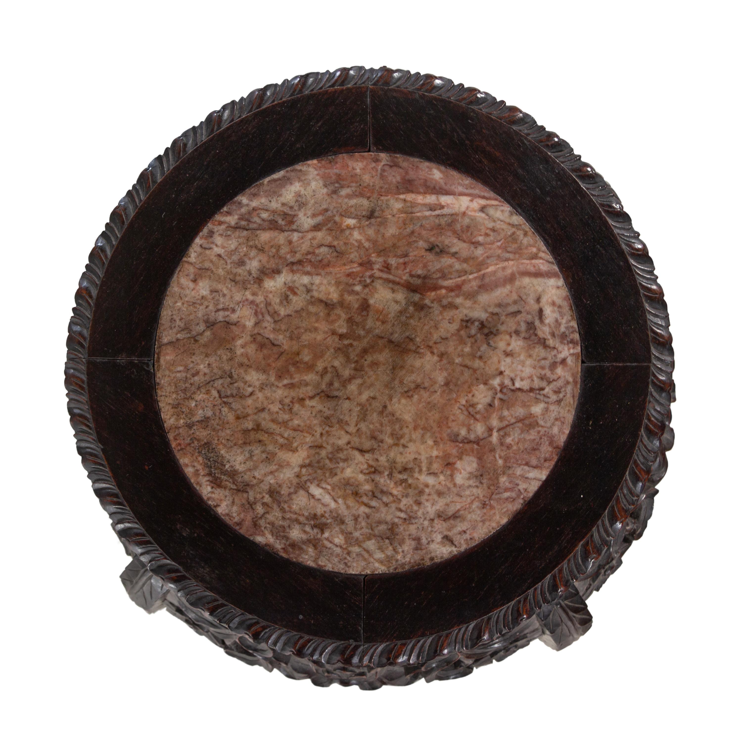 A Chinese Marble-Inset Carved Hardwood Stand