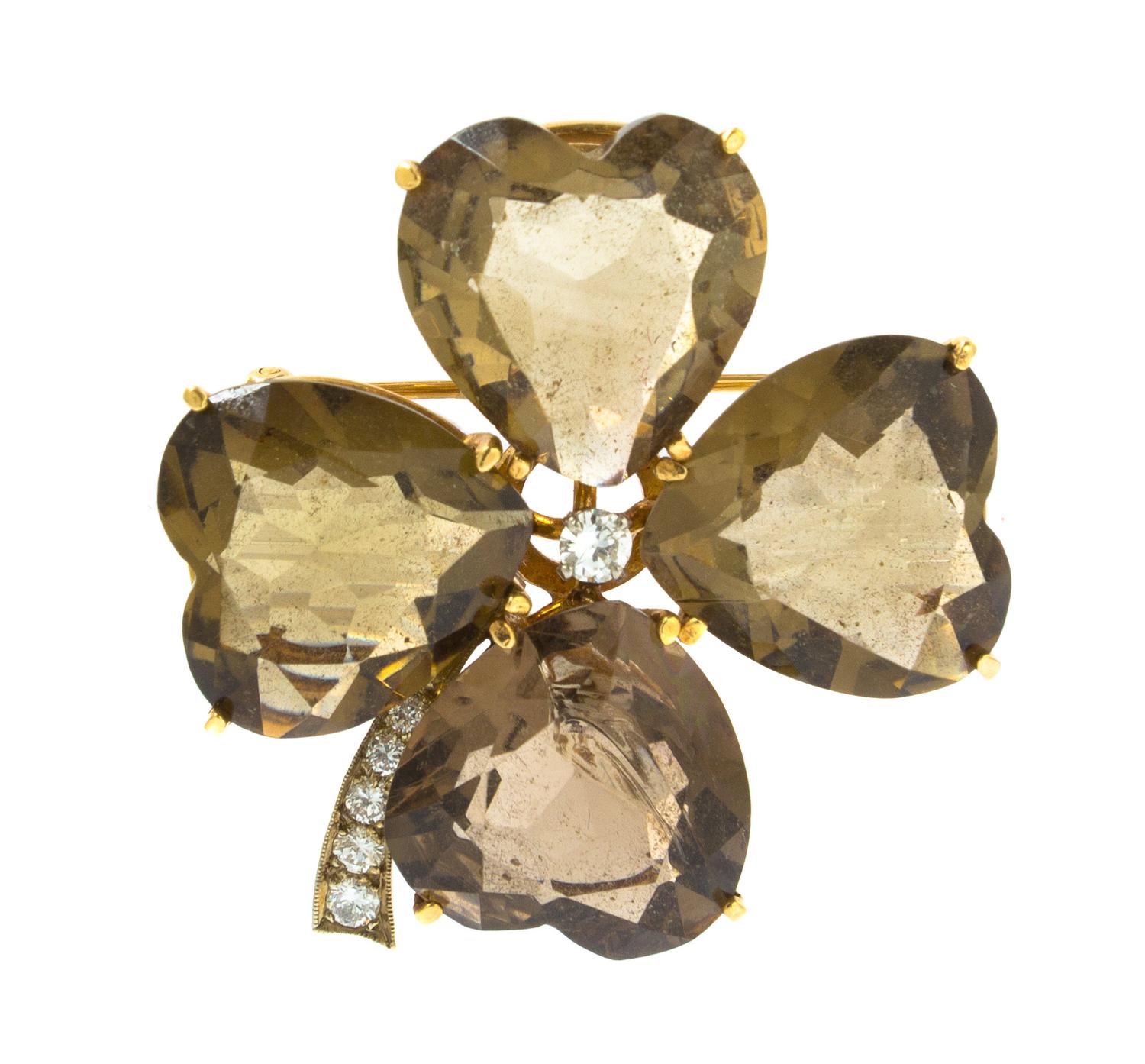 A Gold, Smokey Quartz and Diamond Four Leaf Clover Brooch, 9.90 dwts.