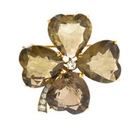 A Gold, Smokey Quartz and Diamond Four Leaf Clover Brooch, 9.90 dwts.