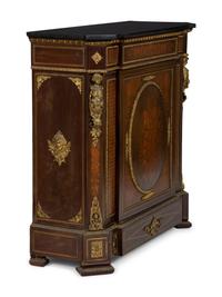 A Napoleon III Style Gilt Bronze Mounted Marquetry Marble-Top Side Cabinet