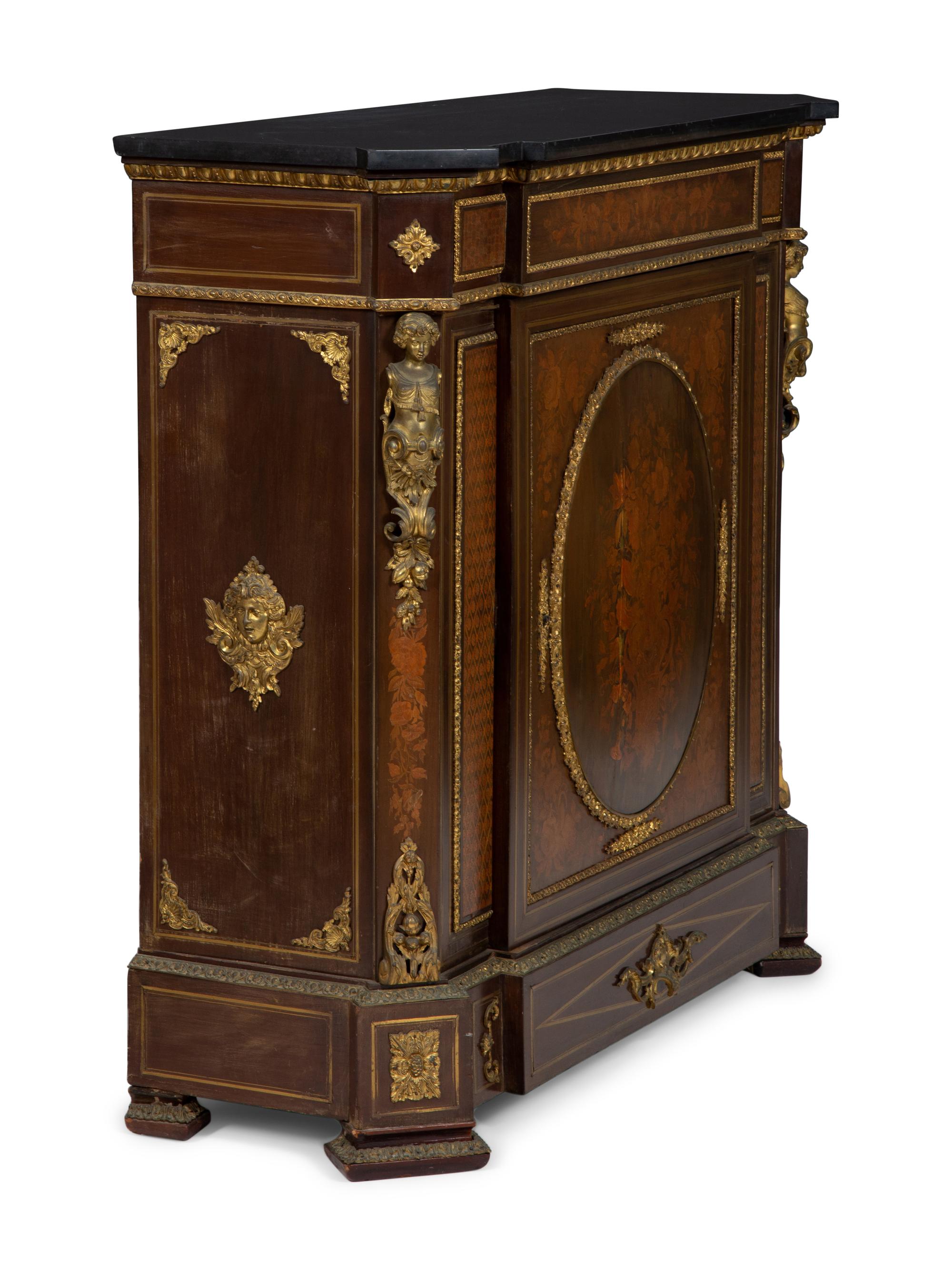 A Napoleon III Style Gilt Bronze Mounted Marquetry Marble-Top Side Cabinet